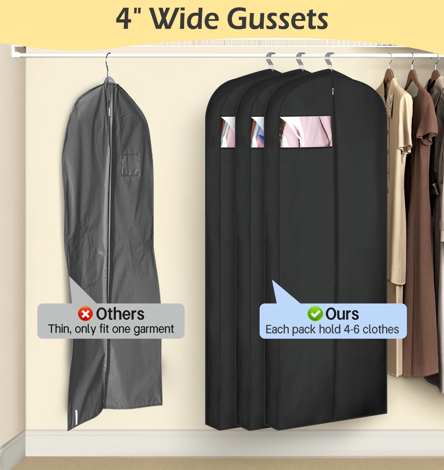 Misslo 4'' Gusseted Garment Bags For Hanging Clothes 65'' Dress Bags For Gowns Long Waterproof Dress Cover For Closet Hanging Cl