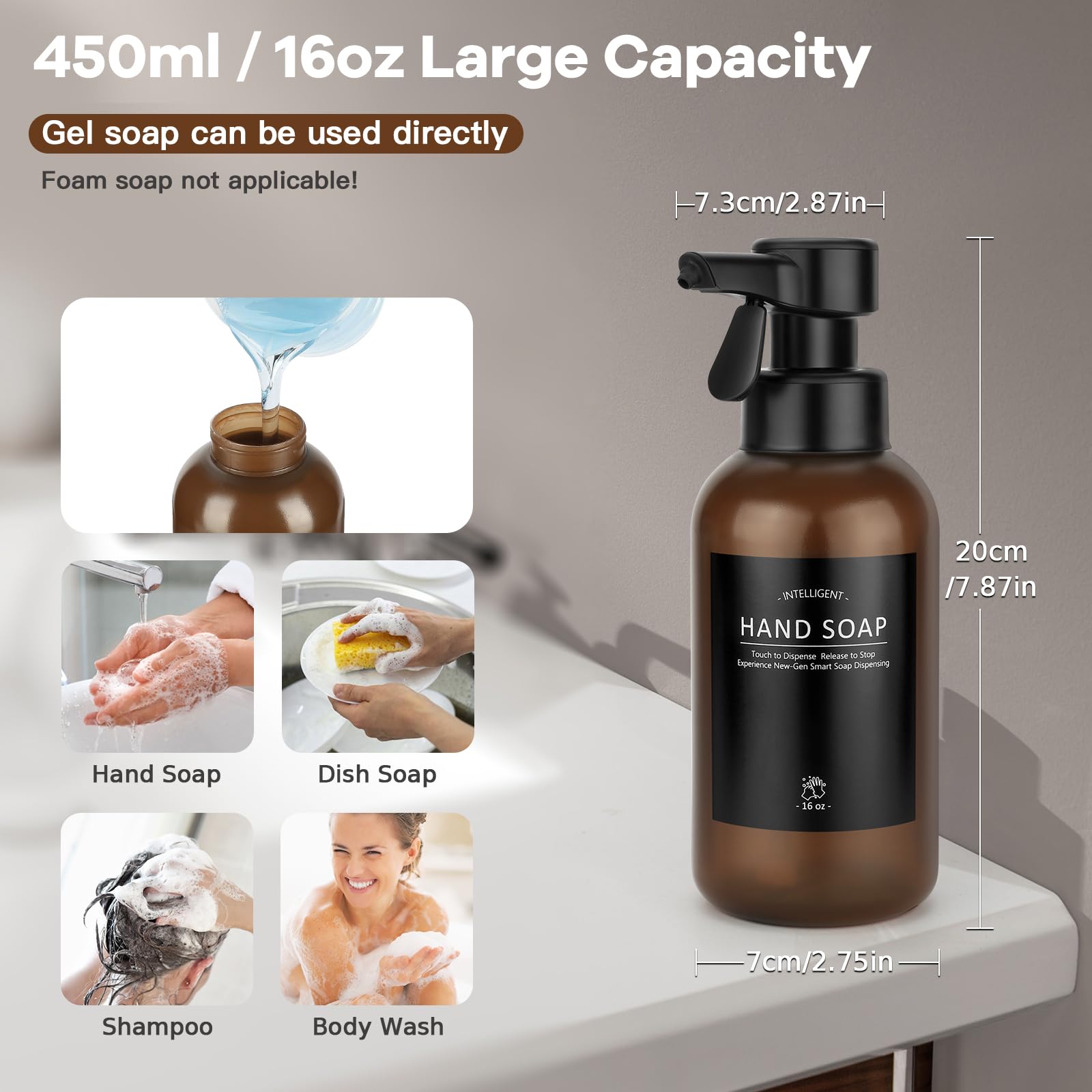 Automatic Soap Dispenser Liquid For Bathroom: 16 Oz Touch Dispense Plastic Amber Modern Auto Large Soap Dispenser For Kitchen -