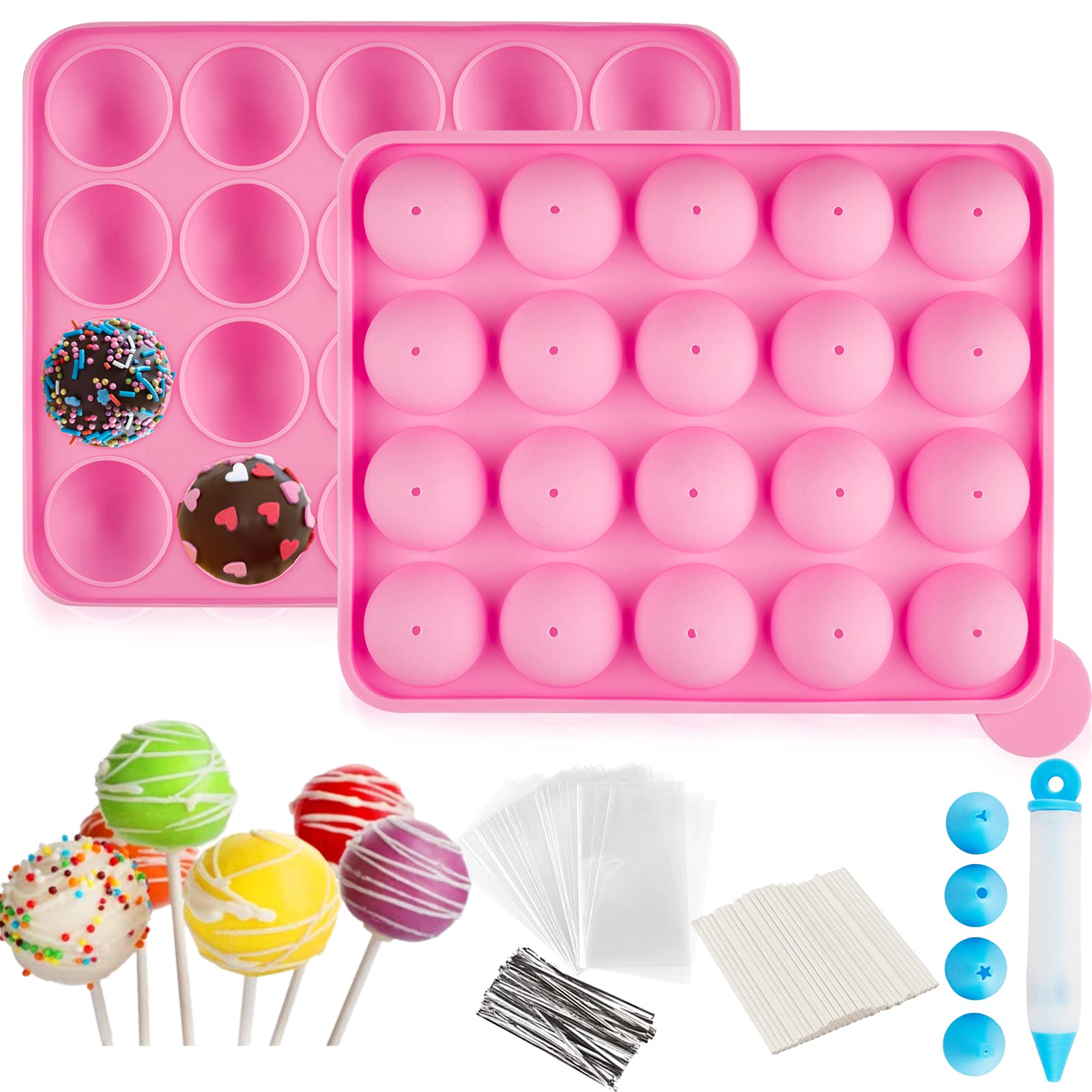 Ocmoiy Cake Pop Mold Set Of 262 - Including 20 Cavities Silicone Cake Pop Molds, Cake Pop Sticks, Cake Pop Wrappers, Sliver Twis