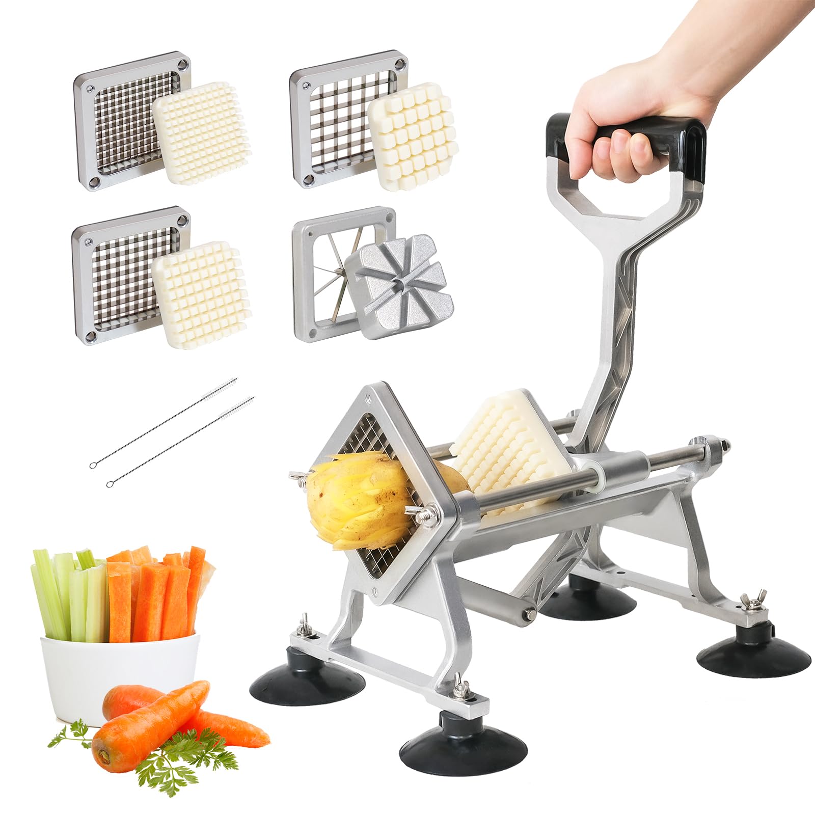 Anatole Commercial French Fry Cutter with 1/2'' 3/8'' 1/4'' 8-Wedge Stainless Steel Blades Professional Potato Cutter Dicer Manual Vegetable Chopper with Suction Cups for Carrot Cucumber Onion