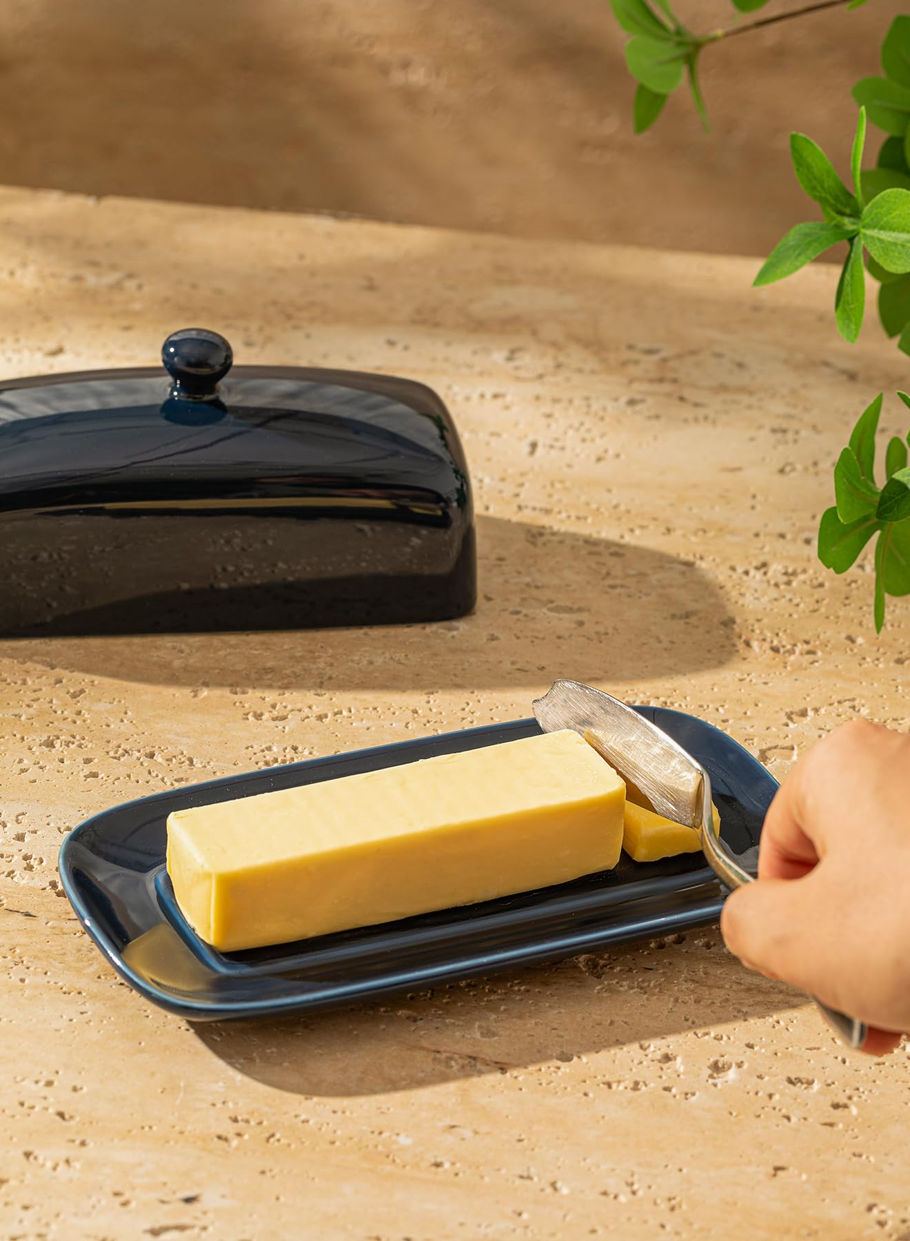 Sweese Butter Dish With Lid, Porcelain Butter Keeper, 7.8 Inch Butter Holder With Handle Cover, Butter Container Perfect For Eas