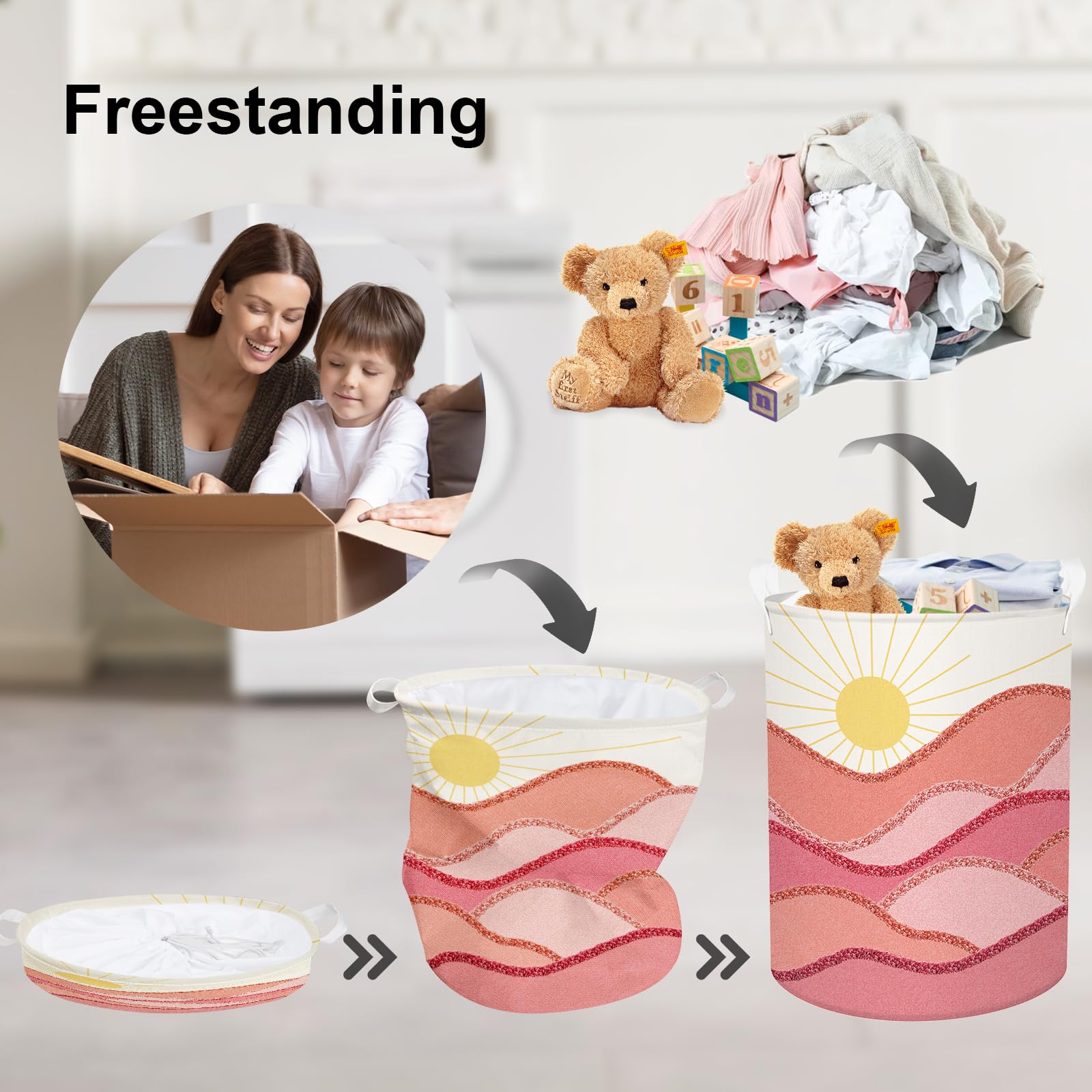 Clastyle 63L Pink Boho Sunrise Girl Hamper Outdoor Towel Storage Beach Blanket Pool Toy Basket Large Round Dirty Clothes Laundry