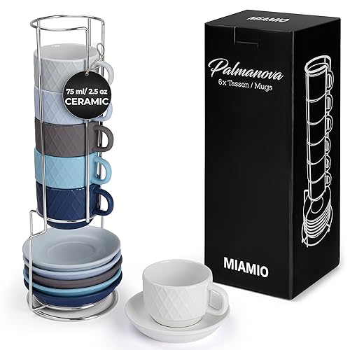 MIAMIO - 6 x 25 oz Stoneware Espresso Mug  cup Set Modern with Stand and Saucers - Palmanova collection (Ocean Blue)