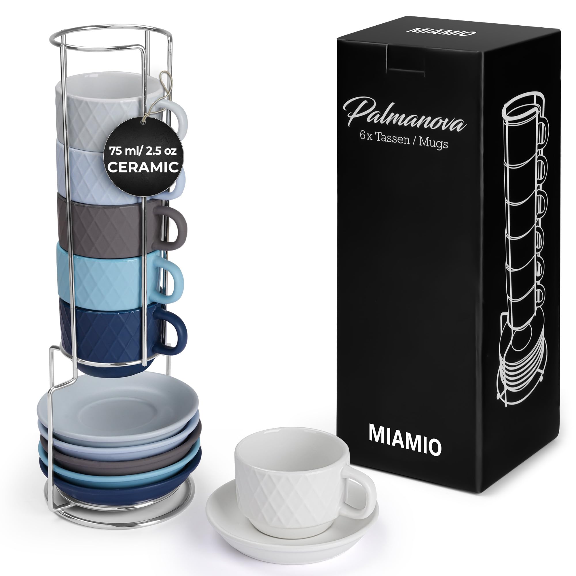 MIAMIO - 6 x 25 oz Stoneware Espresso Mug  cup Set Modern with Stand and Saucers - Palmanova collection (Ocean Blue)