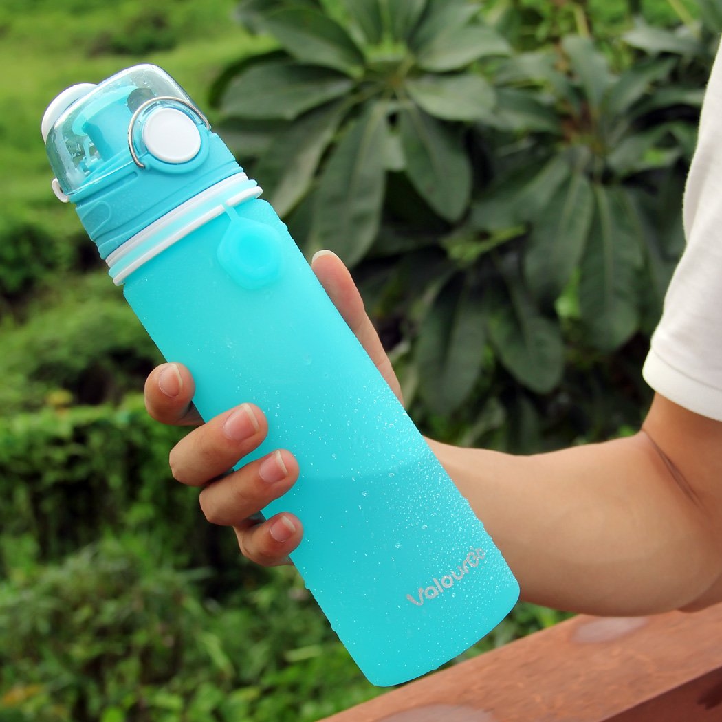 Valourgo Collapsible Water Bottle  Silicone Foldable with Leak Proof Valve BPA Free  Aqua Blue  21 oz
