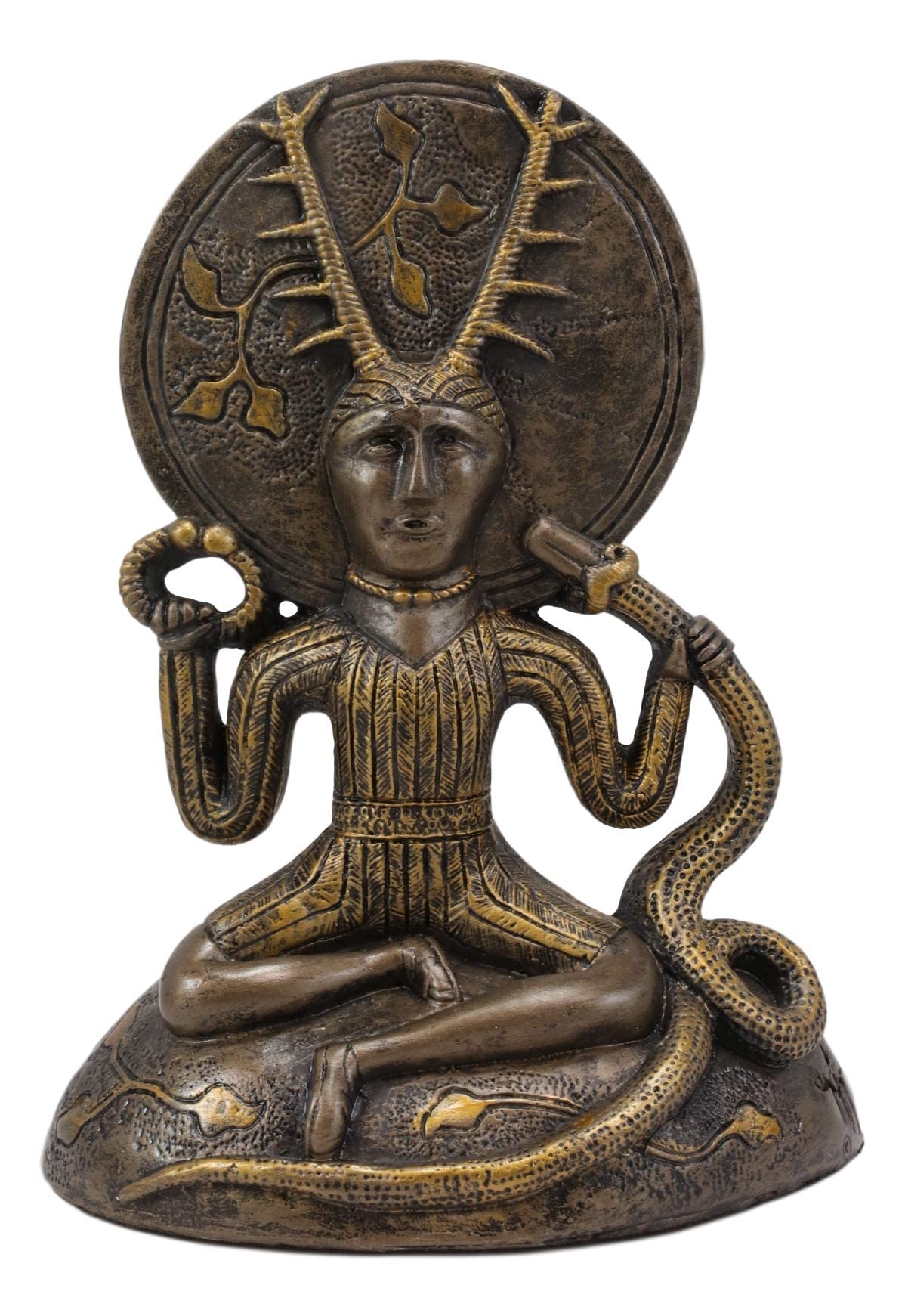 Ebros Seated Celtic Horned God Herne Cernunnos with Deer Antlers and Earth Disc Statue Oberon Zell Rendering of Gundestrop Cauld