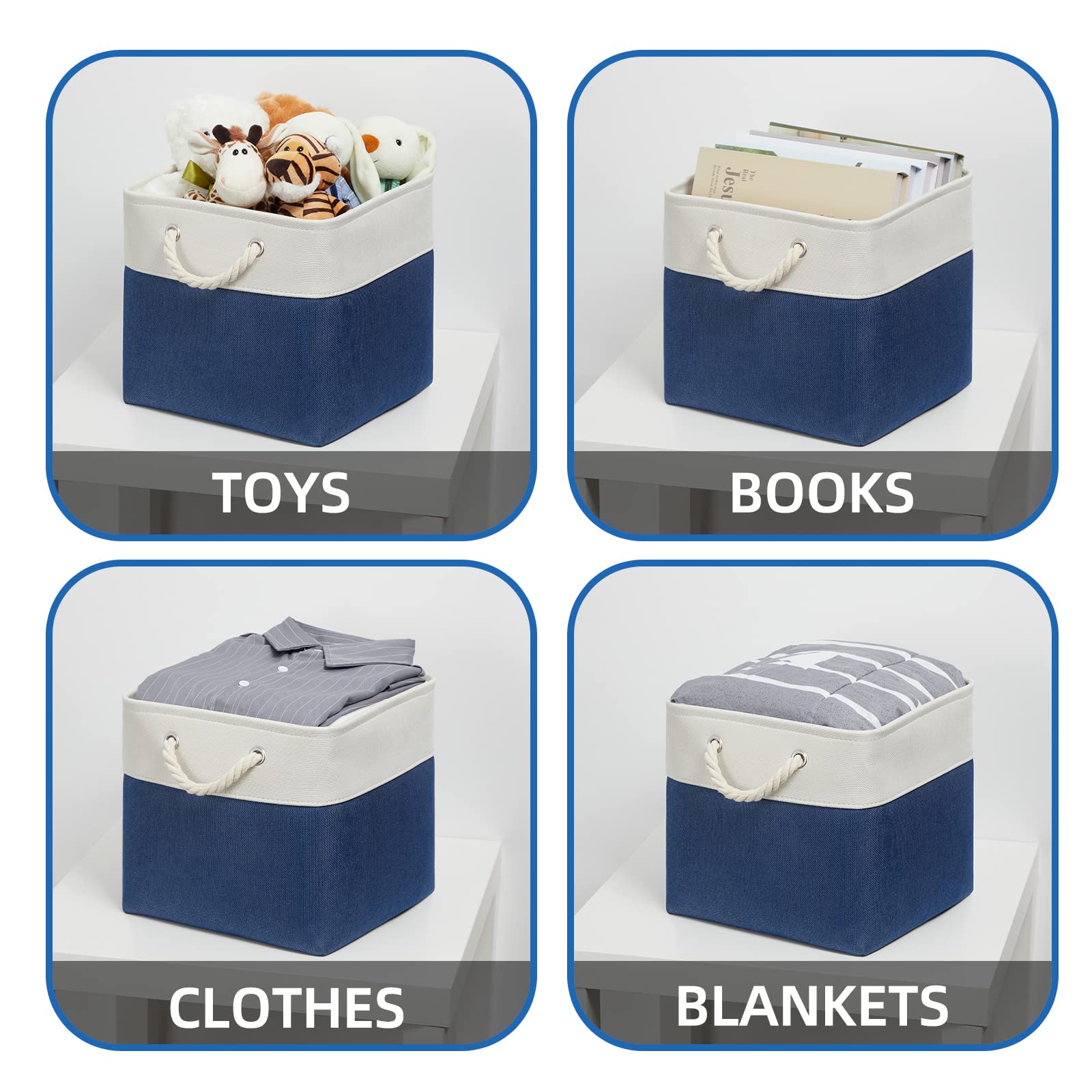 Temary Fabric Storage Cubes for Organizing 4Pack Blue Fabric Storage Basket 12 Inch Cube Storage Bins with Handles for Organizing Toys  Shelf Baskets for Home Office Closet (White&Blue)