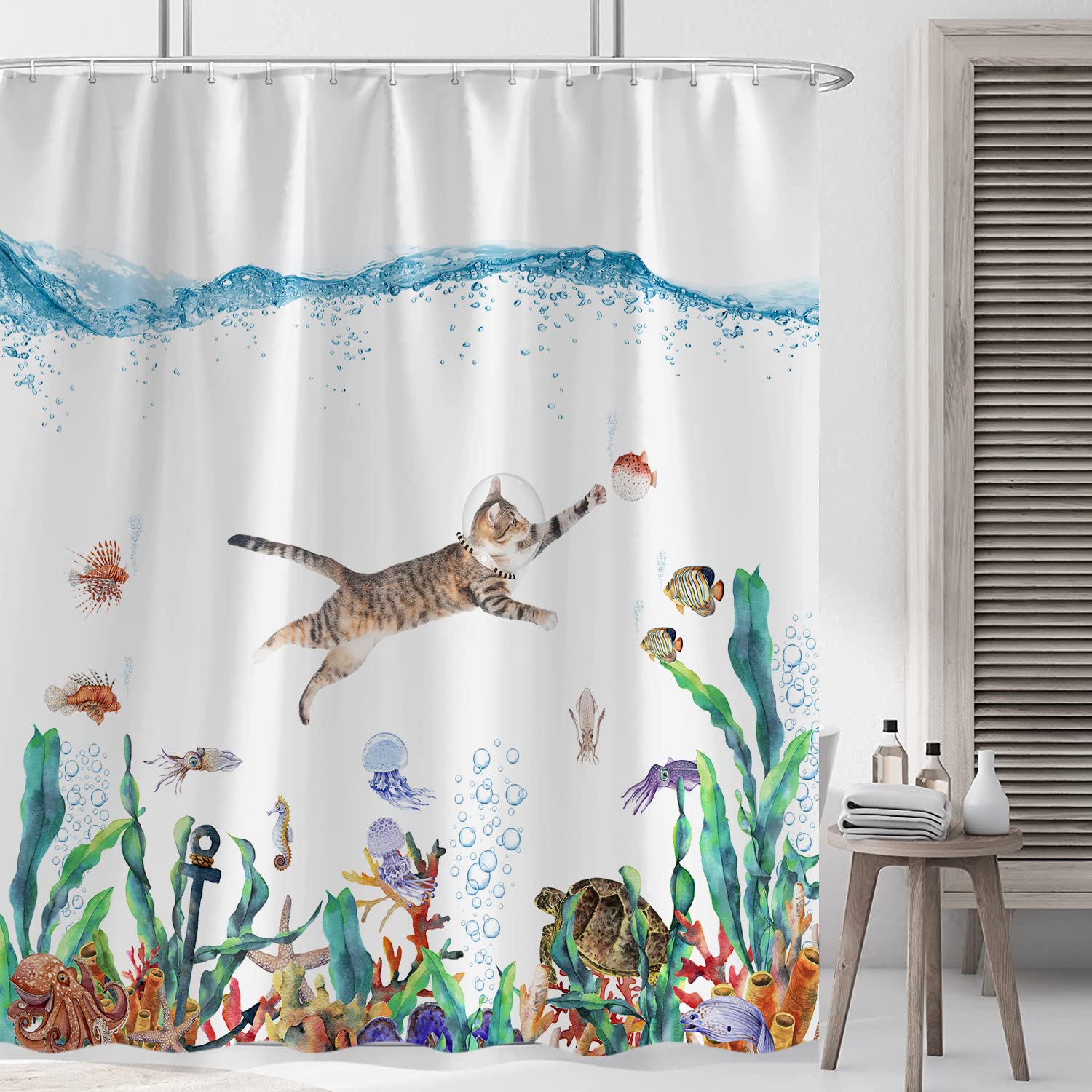 Funny Cat Fabric Shower Curtain For Bathroom, Ocean Animal Octopus Starfish Turtle Nautical Anchor Fish Shower Curtain Cute Fun
