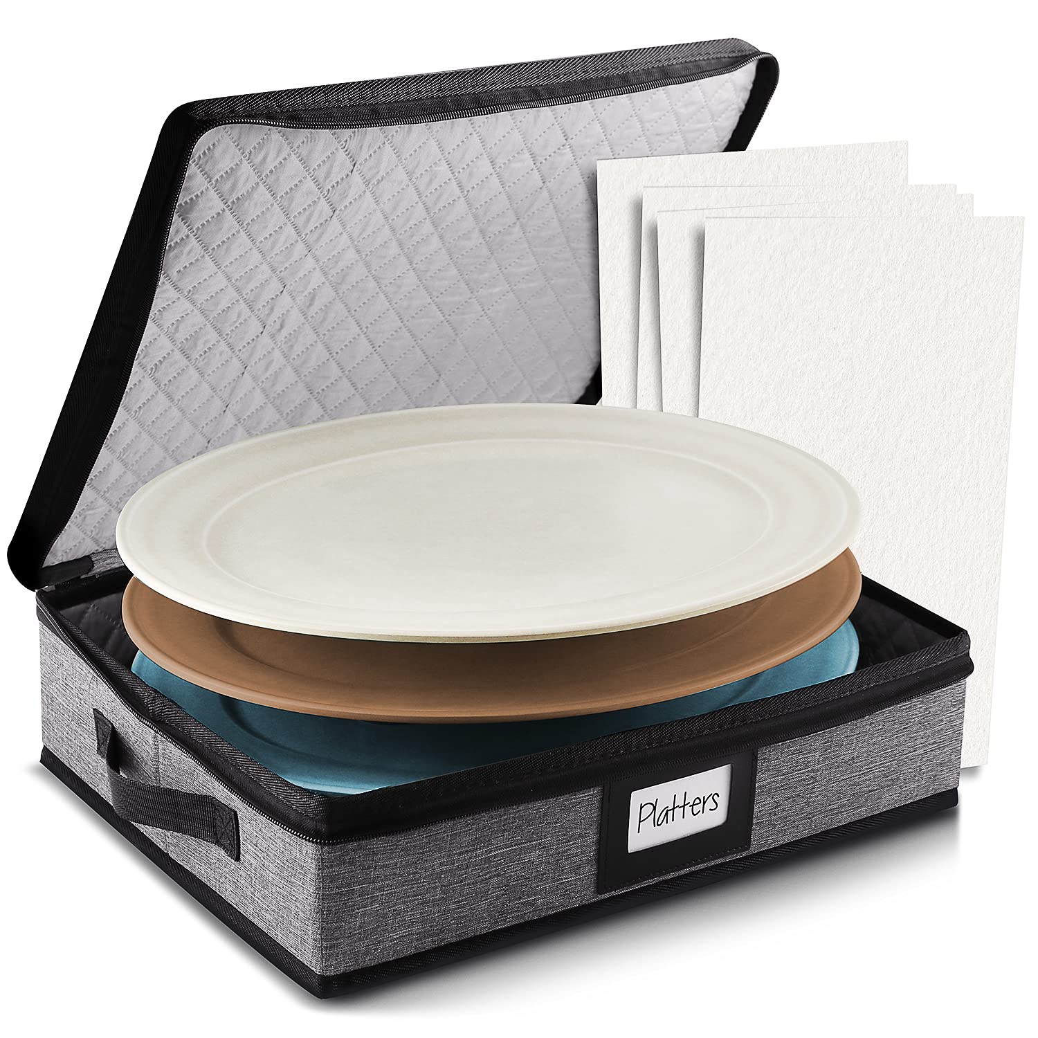 Platter Storage Case, Fine China Storage Containers Hard Shell, Quilted and Stackable 16   x 12.5   x 3.5    Platter Storage Con