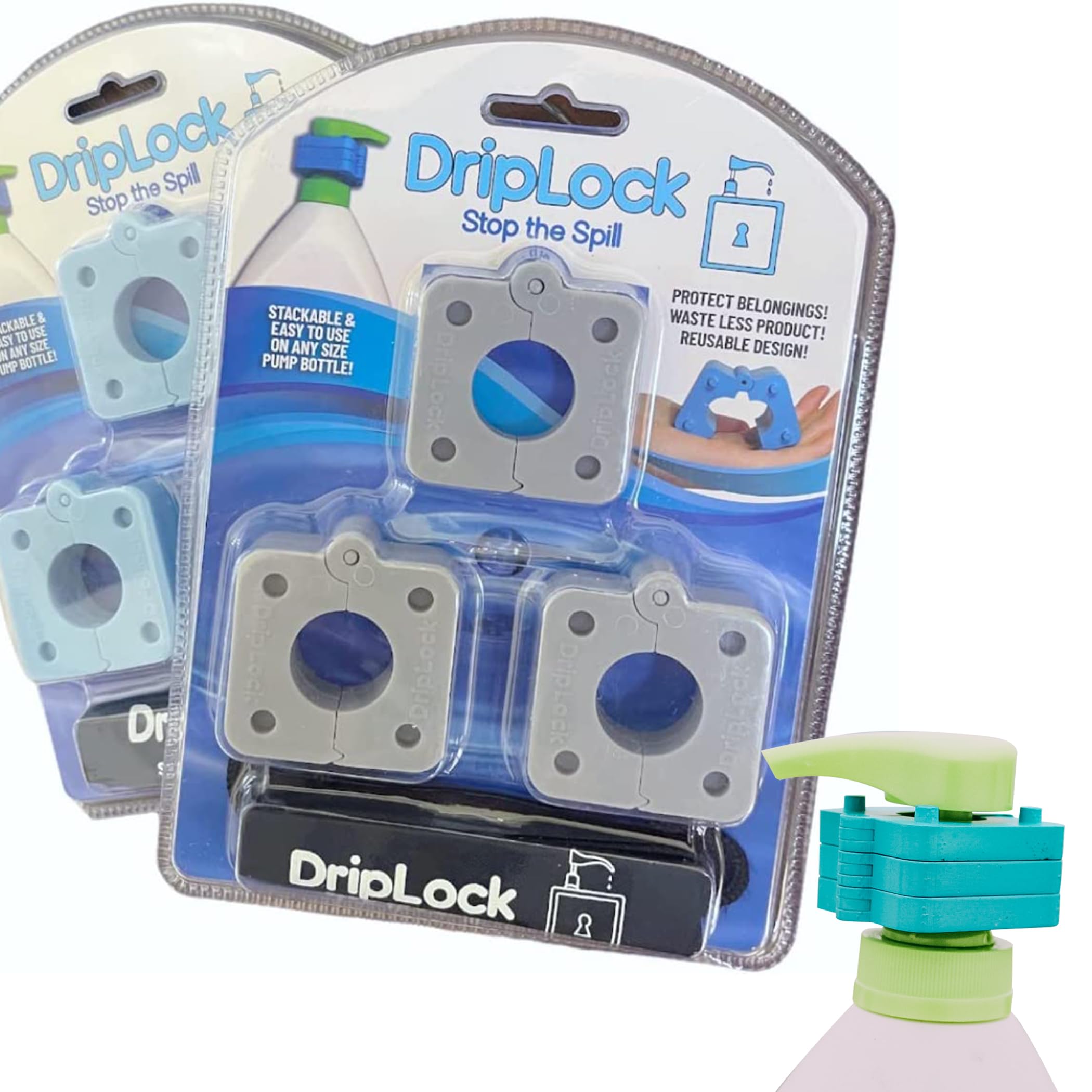 Driplock Reusable Stackable Device To Prevent Pump Bottles From Spilling In Travel Bags Or For Quanity Control. 5 Pack And Trave