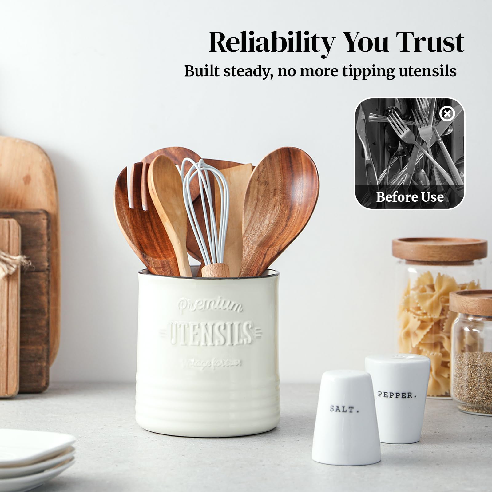 DOWAN 7.2'' Extra Large Kitchen Utensil Holder - Farmhouse Utensil Holder for Countertop - Ceramic Utensil Crock with Protection Cork Mat - Kitchen Decor & Housewarming Gift (White)
