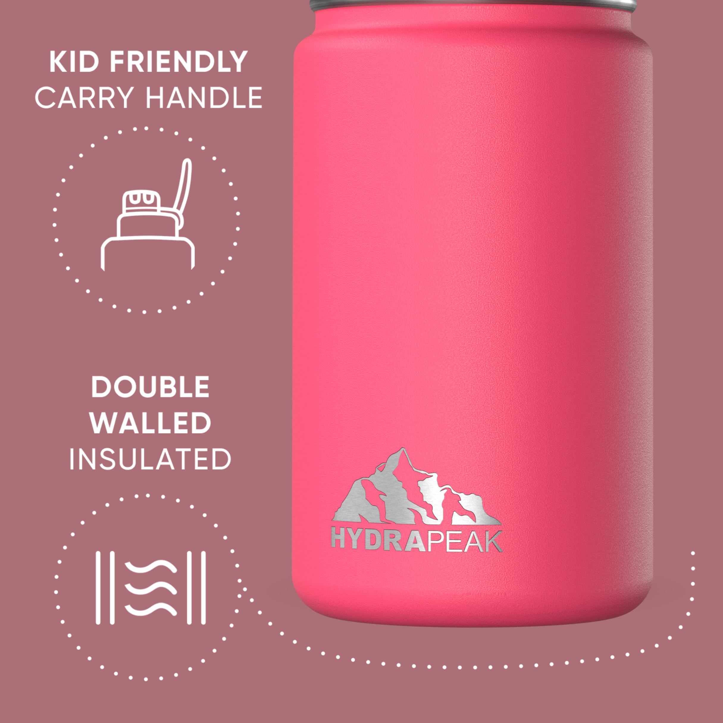 Hydrapeak Mini 14Oz Water Bottle With Straw Lid, Insulated Water Bottle, Water Bottle Stainless Steel, Water Bottles (Hot Pink)