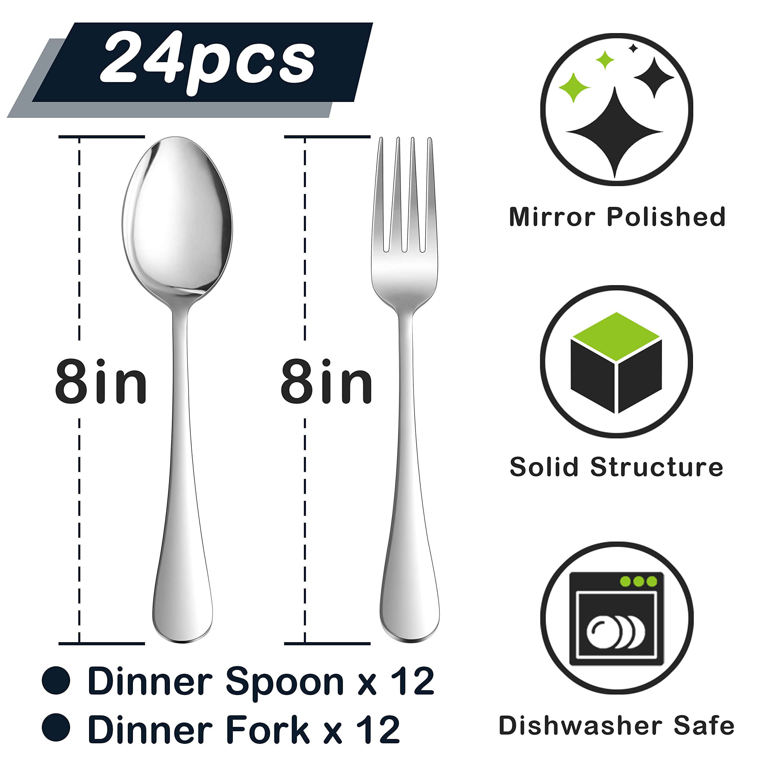 24-Piece Forks And Spoons (8 Inches) Silverware Set, Haware 18/0 Stainless Steel Serving Flatware Cutlery Set For Home, Kitchen