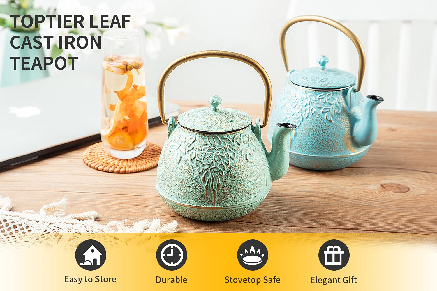 Toptier Tea Kettle For Stove Top, Cast Iron Teapot Stovetop Safe With Infusers For Loose Tea, 22 Oz, Light Green