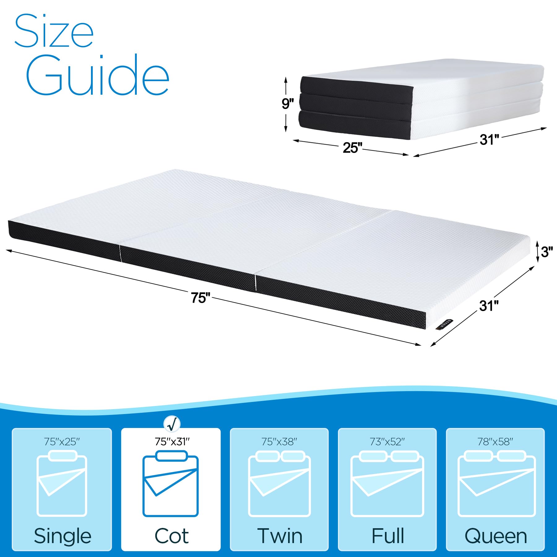 Folding Mattress, 6 Inch Cot Tri-Fold Memory Foam Mattress Topper With Washable Cover,Cooling Mattress Pad For College Dorm Sing