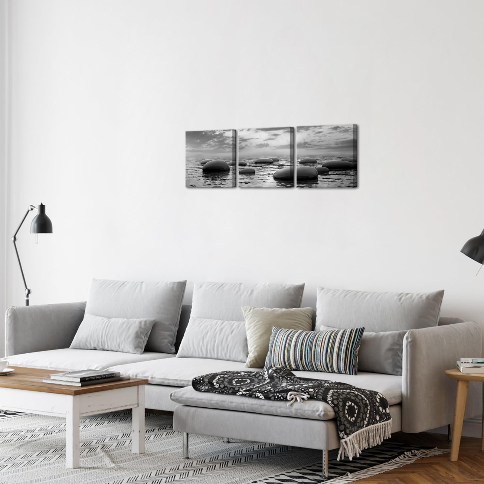 Hello Artwork 3 Panels Black And White Sea Rock Stone Zen Wall Art Seascape Painting Pictures Print For Home Office Bedroom Bath
