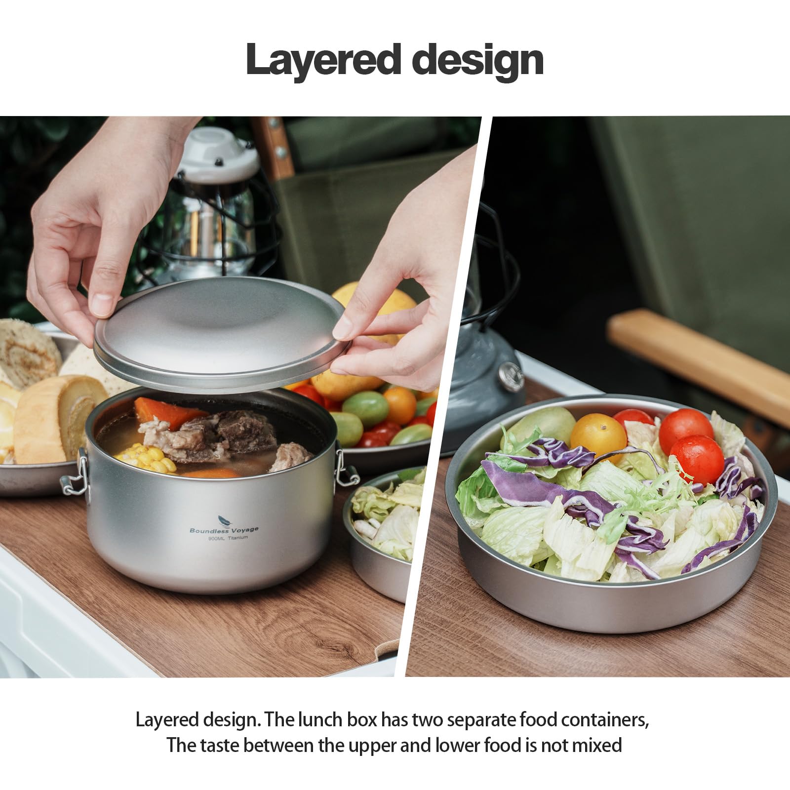 Boundless Voyage Outdoor Titanium Lunch Box Uncoated Bowls With Lid Separated Multi-Layer Office Worker Bento Box Ti1095T