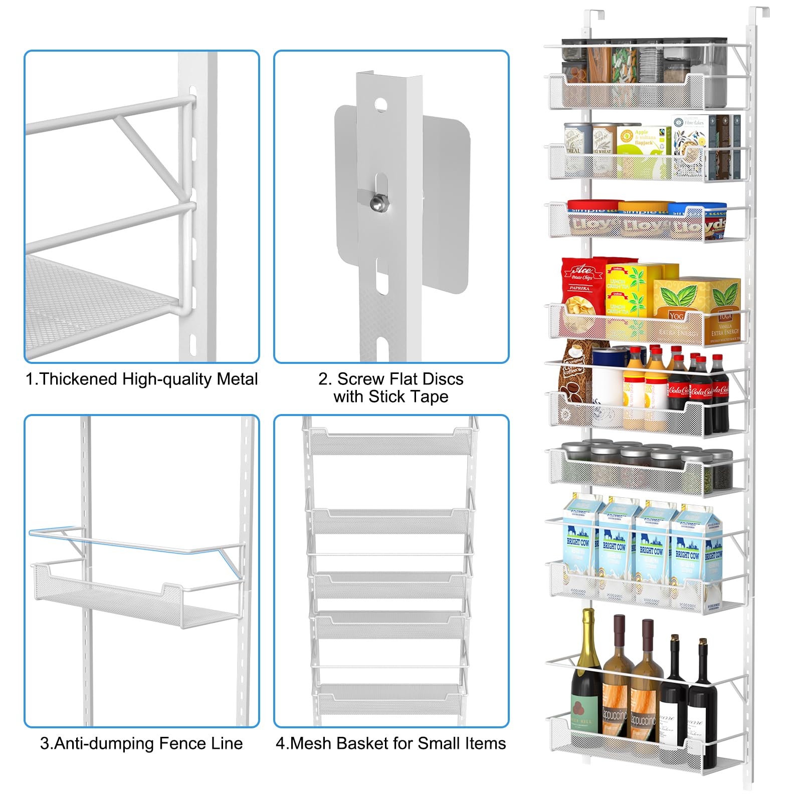 VyGrow Over the Door Pantry Organizer, 8-Tier Over the Door Organizer with Adjustable Hooks and Basket, Pantry Door Organization