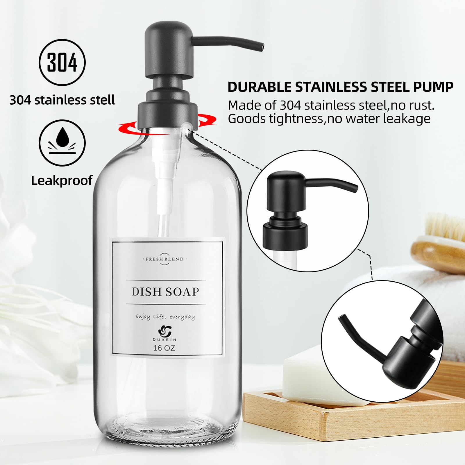 Duvein 2 Pack Clear Glass Soap Dispenser Refillable Bottles With Bamboo Tray For Kitchen Bathroom Soap Hand Soap Lotion Conditio