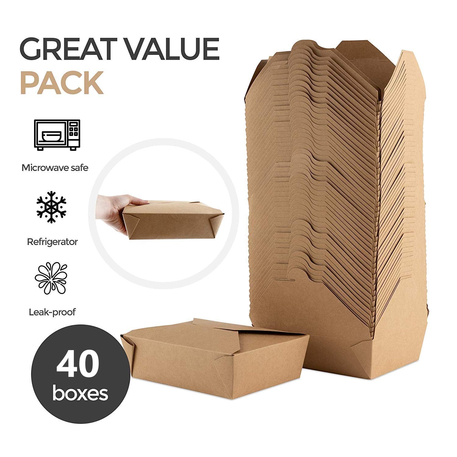 Stock Your Home Microwaveable Kraft Brown Take Out Boxes 71 Oz (40 Pack) Leak And Grease Resistant Food Containers - Recyclable