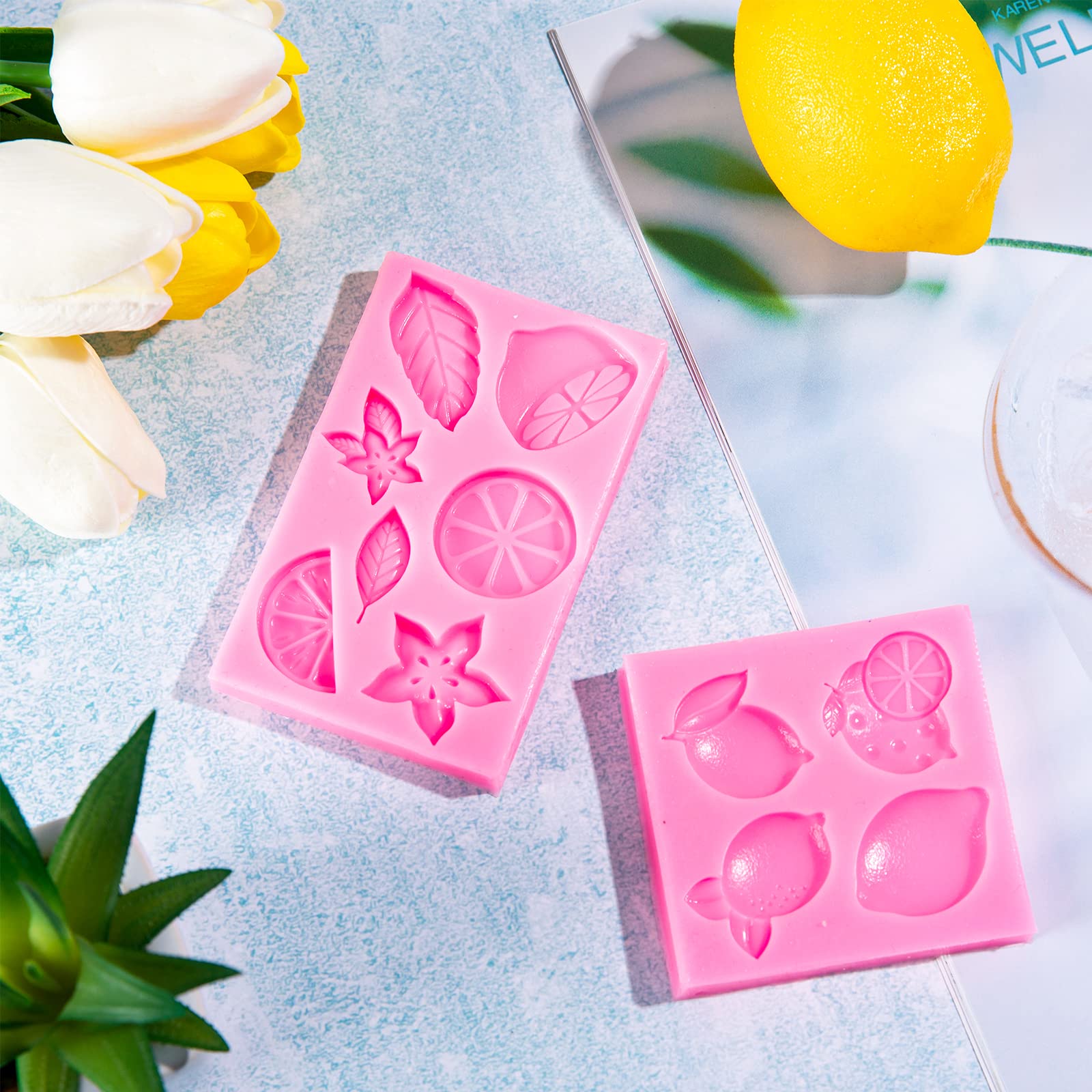 Whaline 2 Pack Mini Lemon Fondant Molds Summer Fruit Flower Silicone Candy Chocolate Mould Lemon Slices Resin Mold For Soap Baki