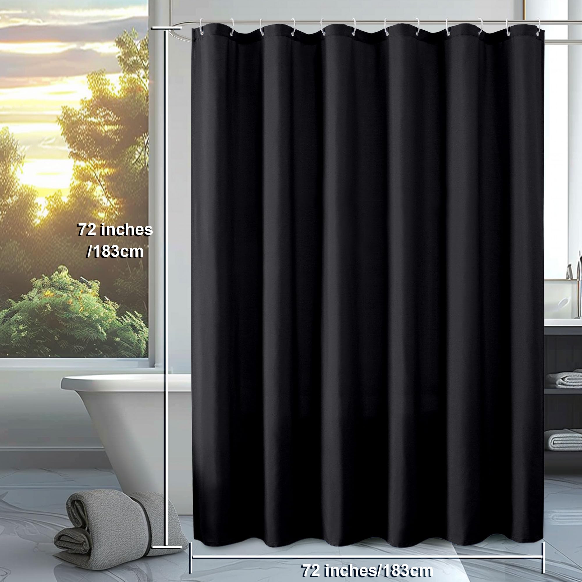 Ovzme Zora Solid Black Shower Curtain For Bathroom, Fabric Shower Curtain- Soft Cloth & Hotel Spa Quality, Water Repellent, Mach