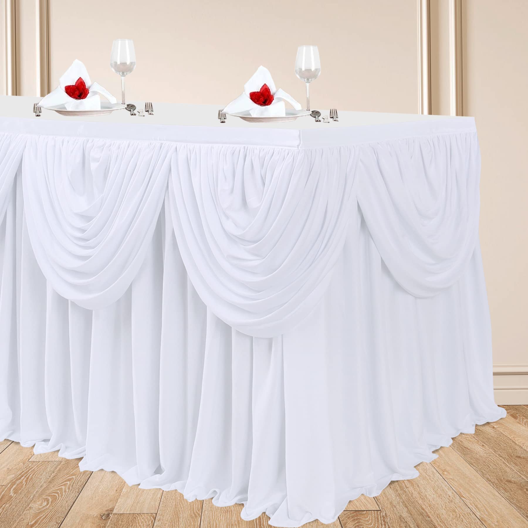 Gogoparti White Tutu Table Skirts For Rectangle Tables 6Ft Draped Pleated Table Skirt Polyester Tablecloth For Birthday Party Ba