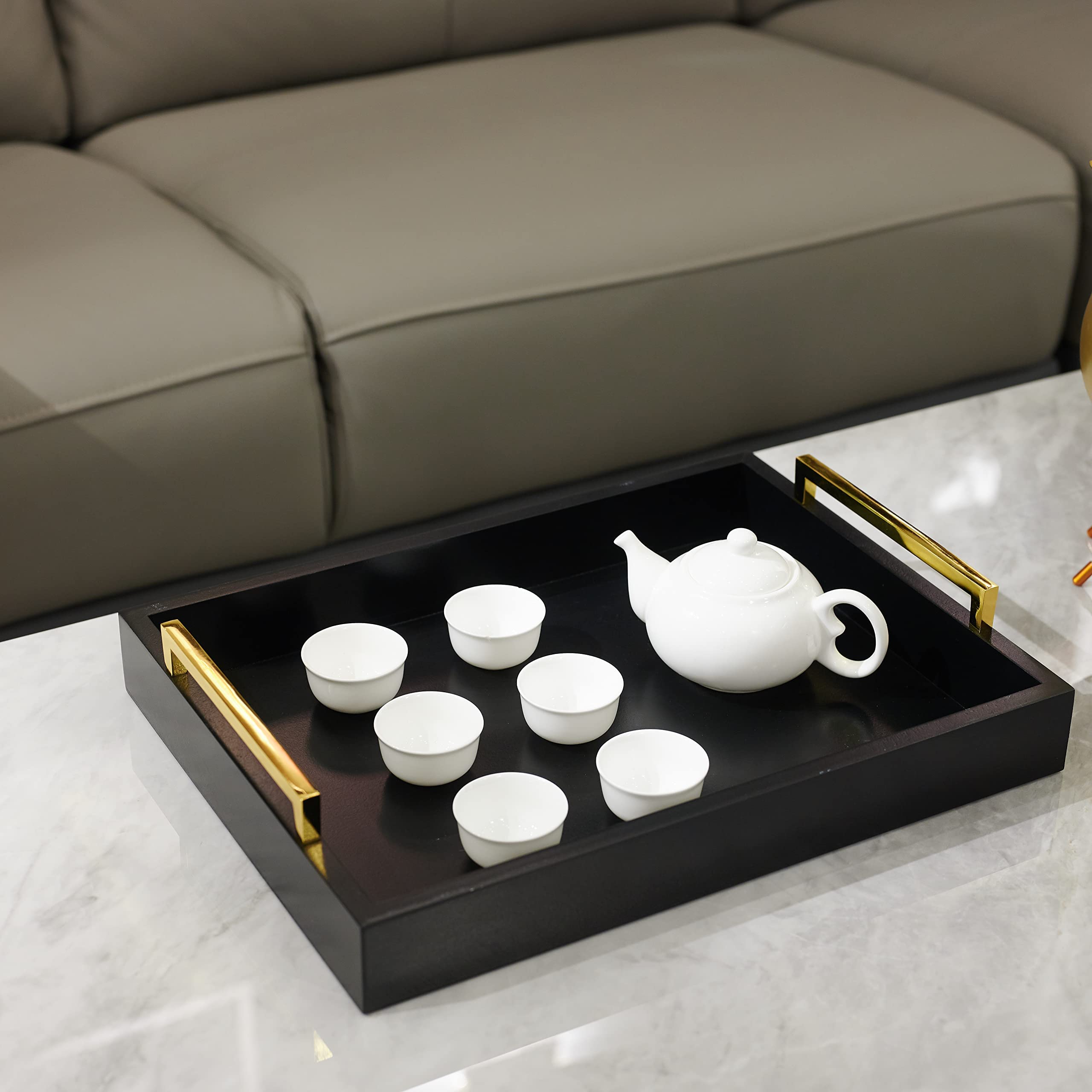 16''x12'' Serving Trays with Handles  Black Decorative Serving Tray  Ottoman Trays for  Living Room  Bathroom  and Outdoors Decorative Trays (Black)