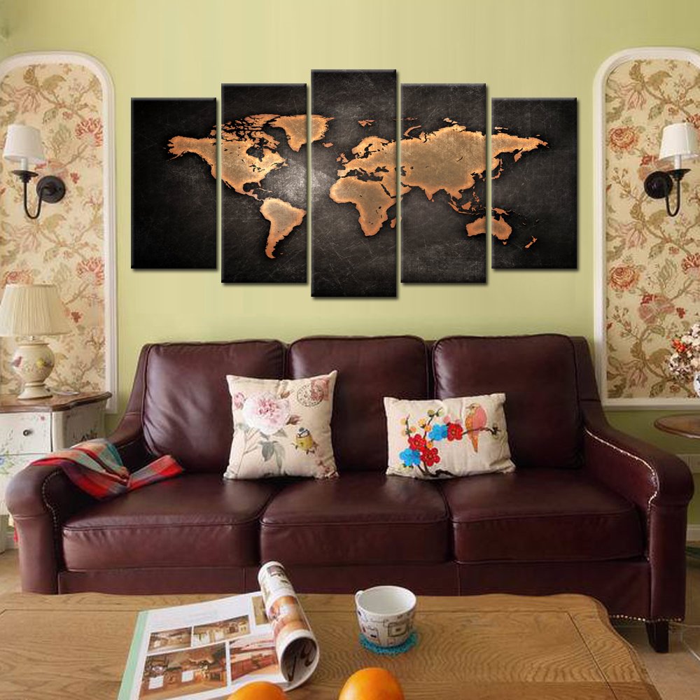 Kreative Arts - Retro World Map Poster Framed 5 Pcs Giclee Canvas Prints Vintage Abstract World Map Painting Printed on Canvas Ready to Hang for Living Room Office Decor Gift (Large Size 60x32inch)