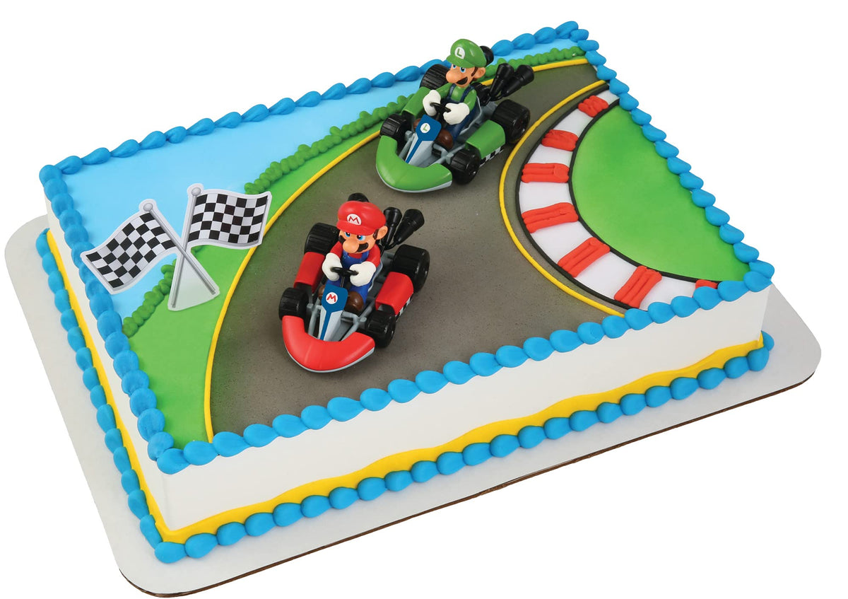Decopac Super Mario Kart Cake Topper, 2-Pc Cake Topper With Race Car Toppers & Checkered Flag Decoration, Collectible Cars For H