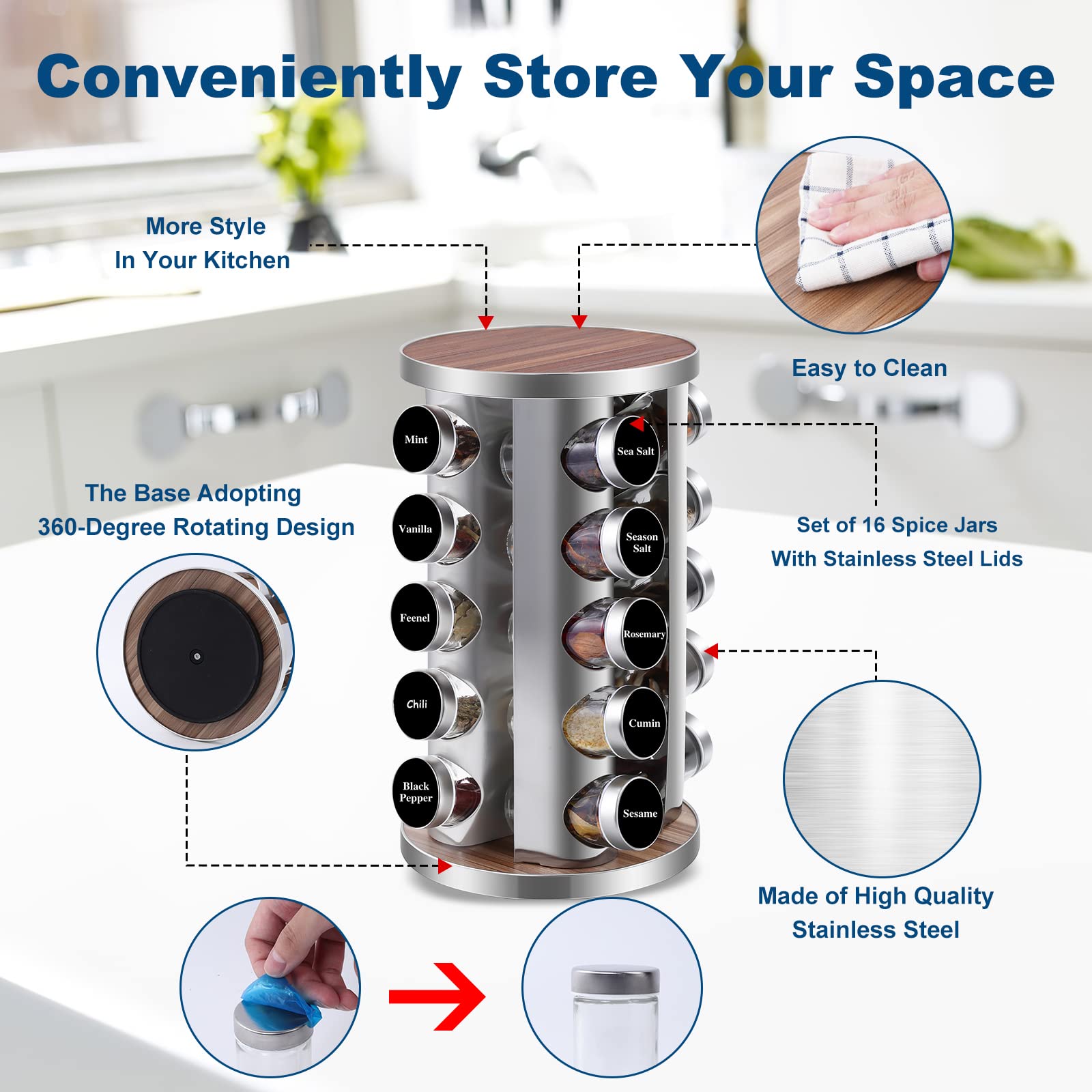 WAYDA Rotating Spice Rack Organizer - 20 Jars Stainless Steel Spice Tower for Kitchen Countertop, Blue/Silver with Labels and Funnel