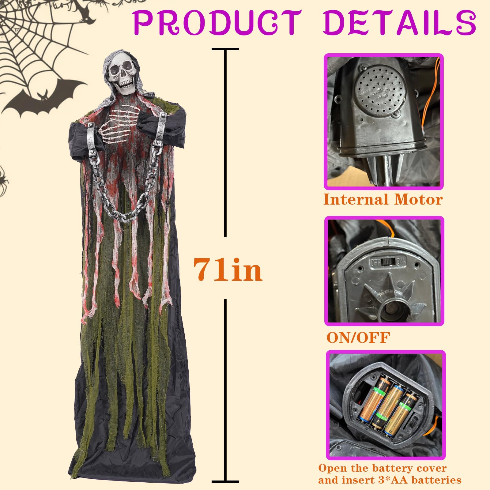 Halloween Decorations Outdoor Life Size Animatronics Grim,LED Eyes Evil with Chain,Creepy Sound, Scary Move,Light Up Eyes,Haunte