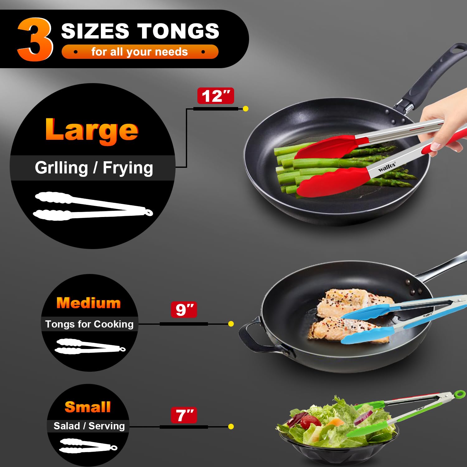 Walfos Silicone Tongs For Cooking - Heat Resistant Kitchen Tongs For Salad,Cooking, Grilling,Stainless Steel And Bpa Free Silico