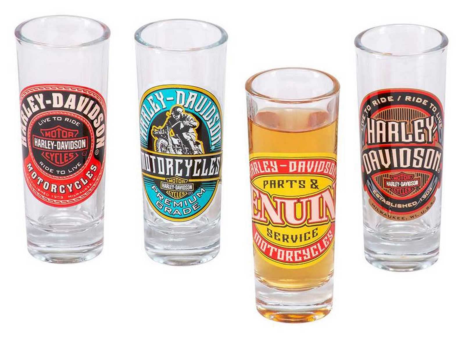Harley-Davidson Label Shooter Set, Tall Shot Glasses W/Custom H-D Graphics