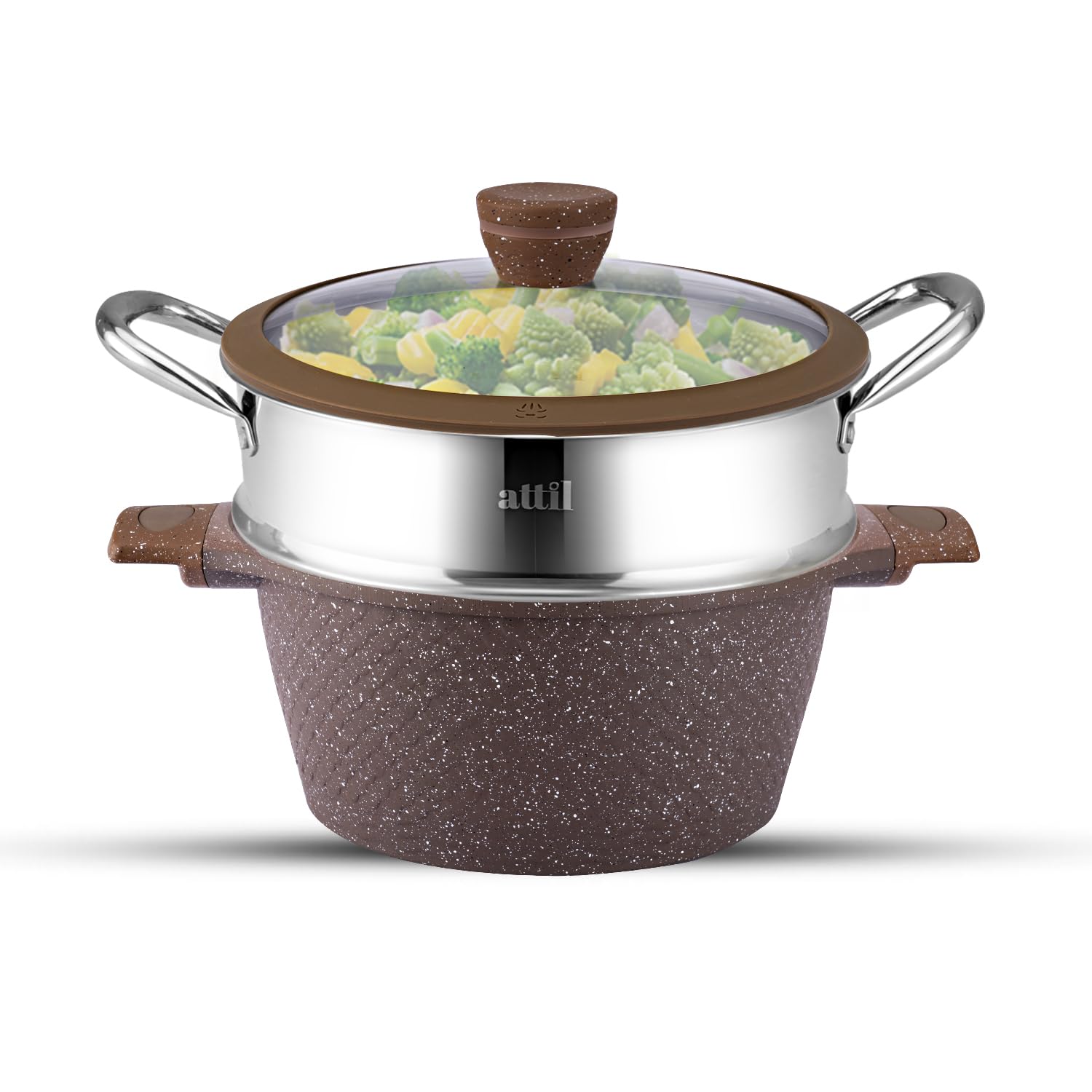 Attil - 24 Cm - Non Stick Handi - Induction Base - Granite Biriyani Handi & Steamer With Lid - Granite Finish