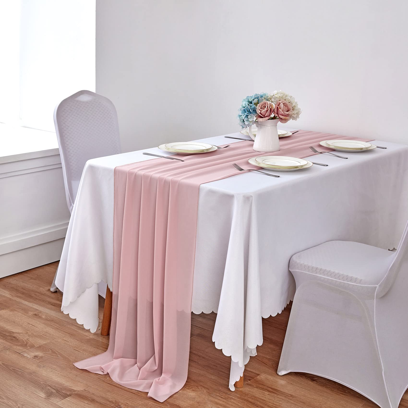 YUHX 2 Pack Chiffon Table Runner 29 x 120 Inches Long  Dusty Rose Wedding Table Runners  Romantic Wedding Decor Party Banquets Decorations(Dusty Rose 2 Pack)