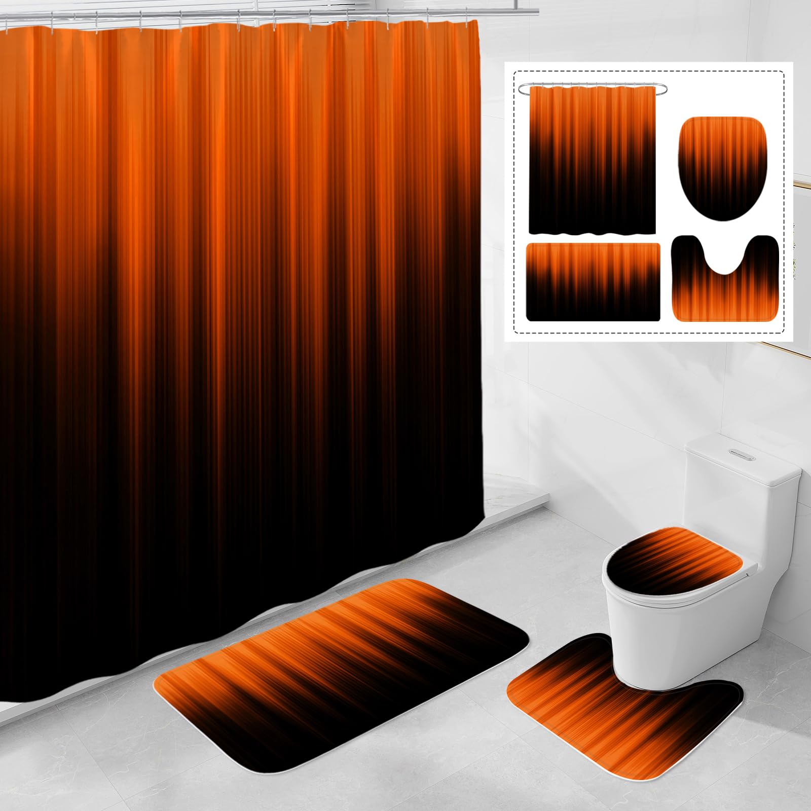 Litabel 4 Pcs Orange And Black Gradient Shower Curtain Set With Rugs And Toilet Lid Cover, Modern Simple Waterproof Fabric Bathr
