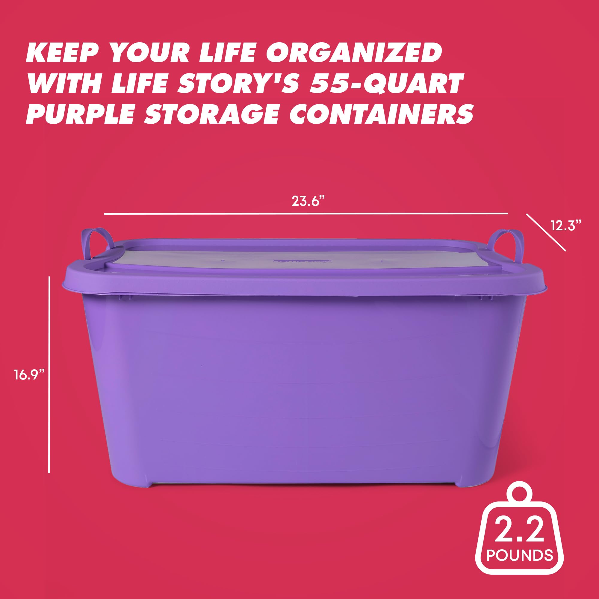 Life Story 55 Qt Stackable Plastic Storage Lidded Container Bins, 12 Pack, Purple