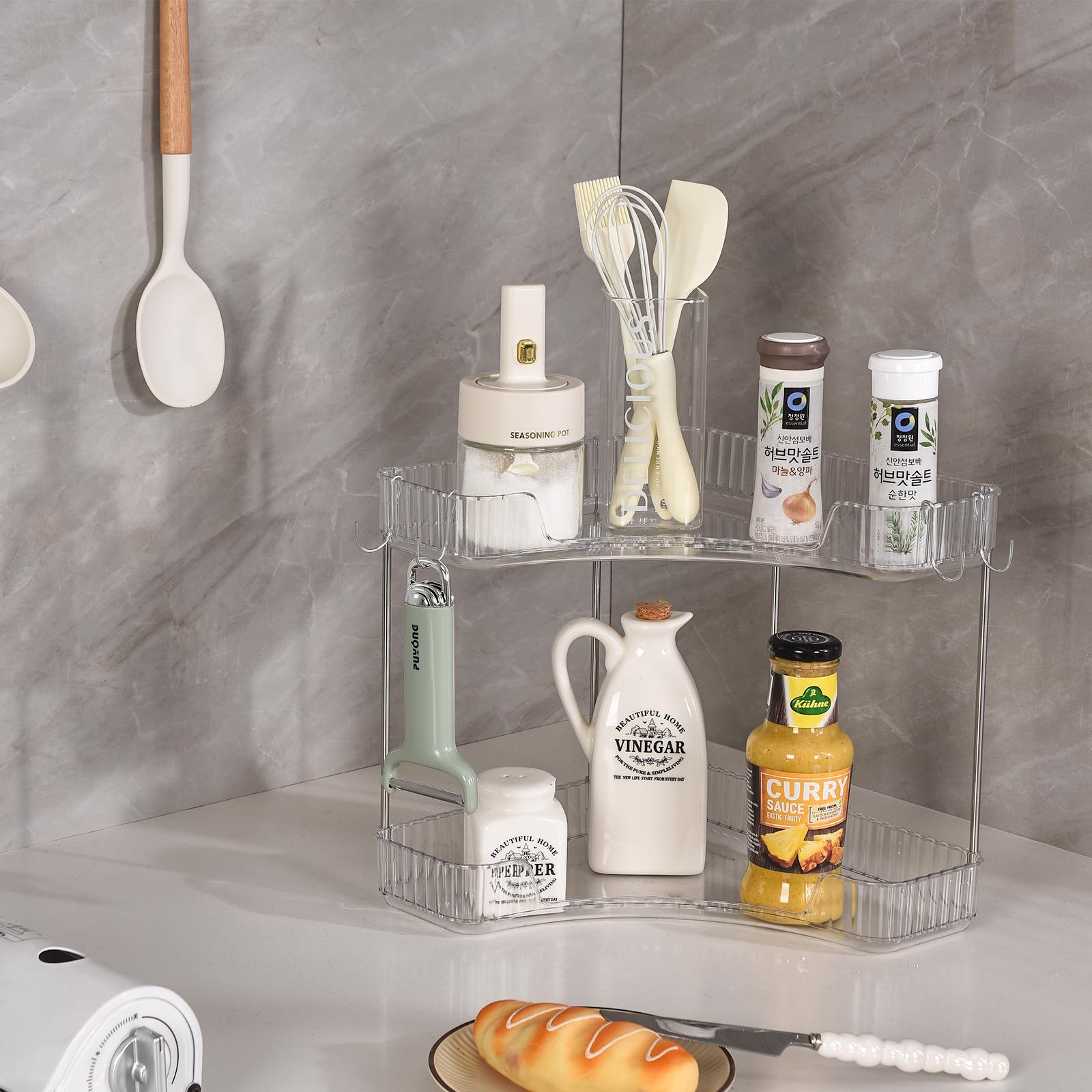 Trdongxu 2 Tier Plastic Bathroom Sink Organizer with Hooks, Corner Bathroom Counter Organizer Makeup Storage Vanity Tray for Cou