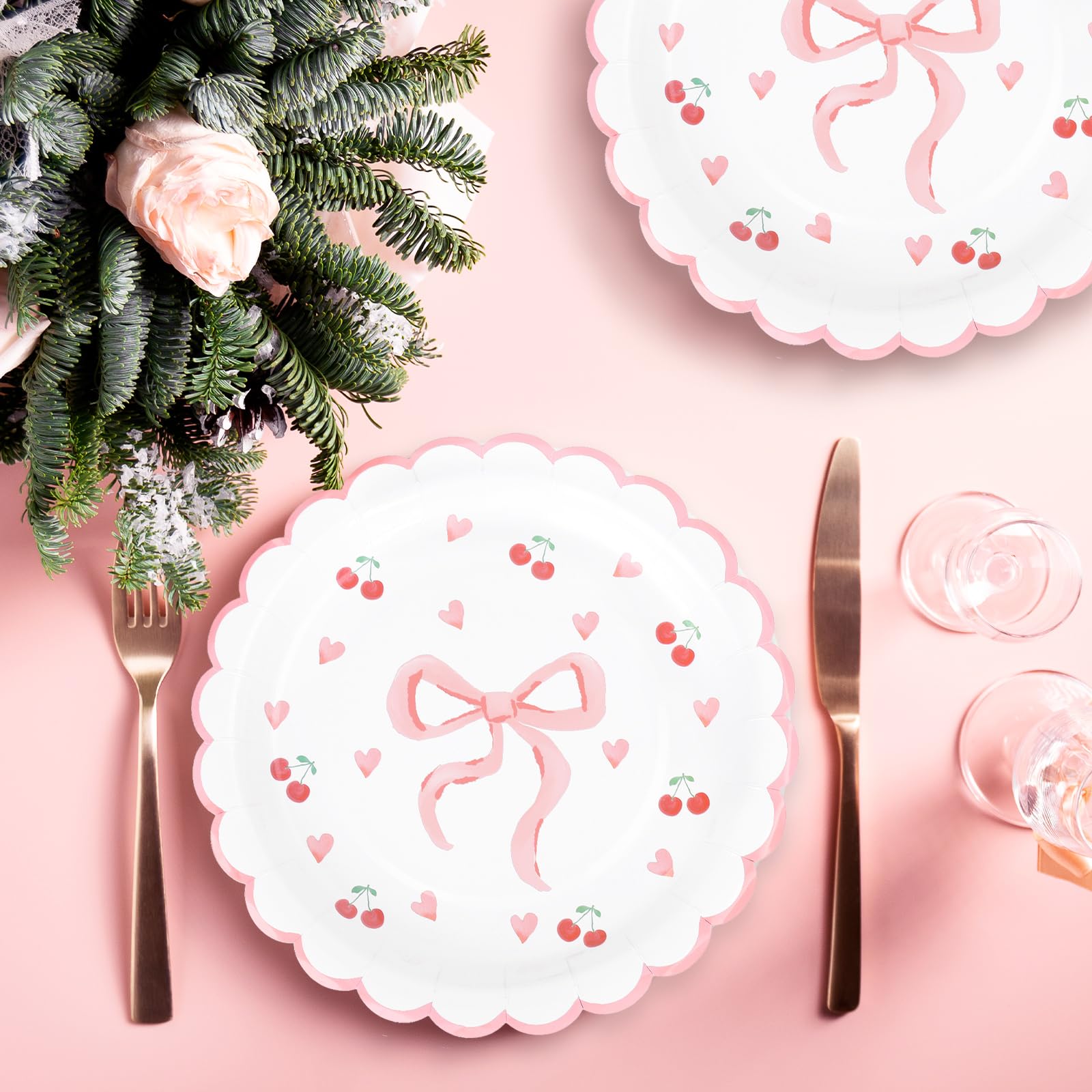 Whaline 40Pcs Pink Scalloped Bow Valentine'S Day Paper Plates 9 Inch Disposable Plates Bow Theme Party Dinner Plates For Wedding