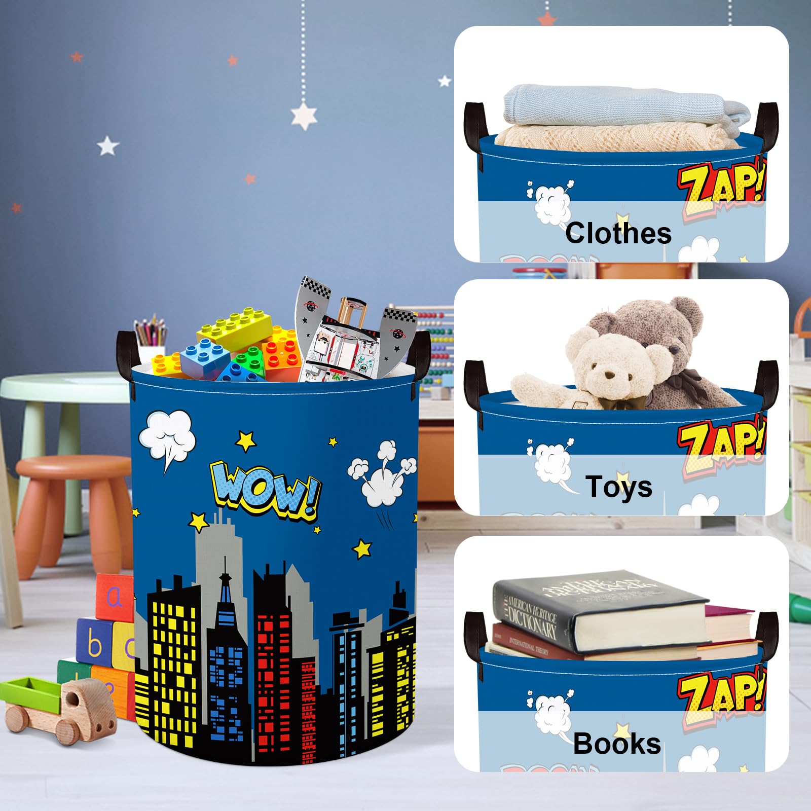 Clastyle 45L Large Blue City Hero Skyline Kid Laundry Hamper With Handle Comic Hero Building Silhouettes Clothes Toy Boys Basket