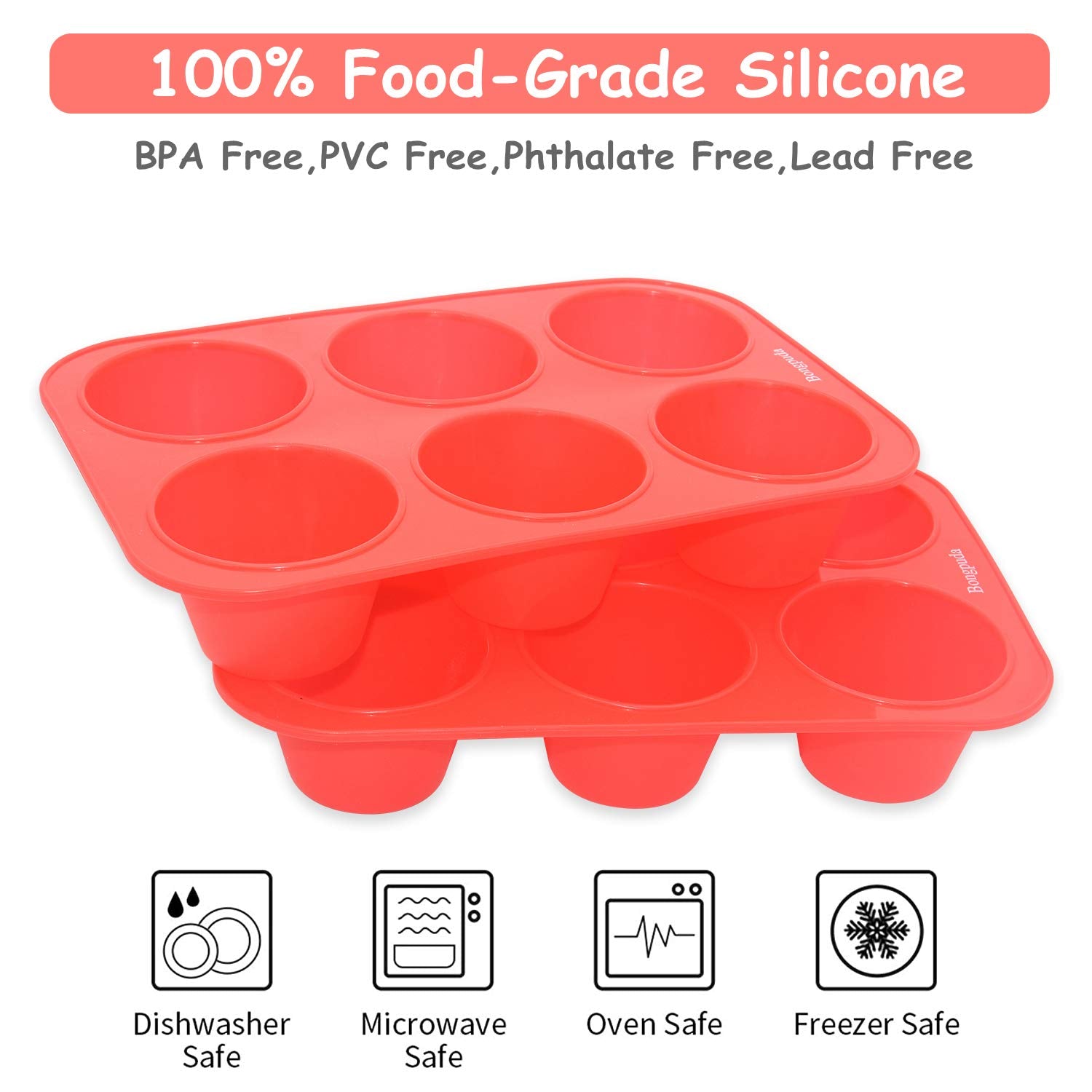 Bongpuda Silicone Large Muffin Pan 2 Pack,6 Cup Large Silicone Cupcake Pan,Non-Stick Jumbo Muffin Pans,Food Grade Cupcake Molds,