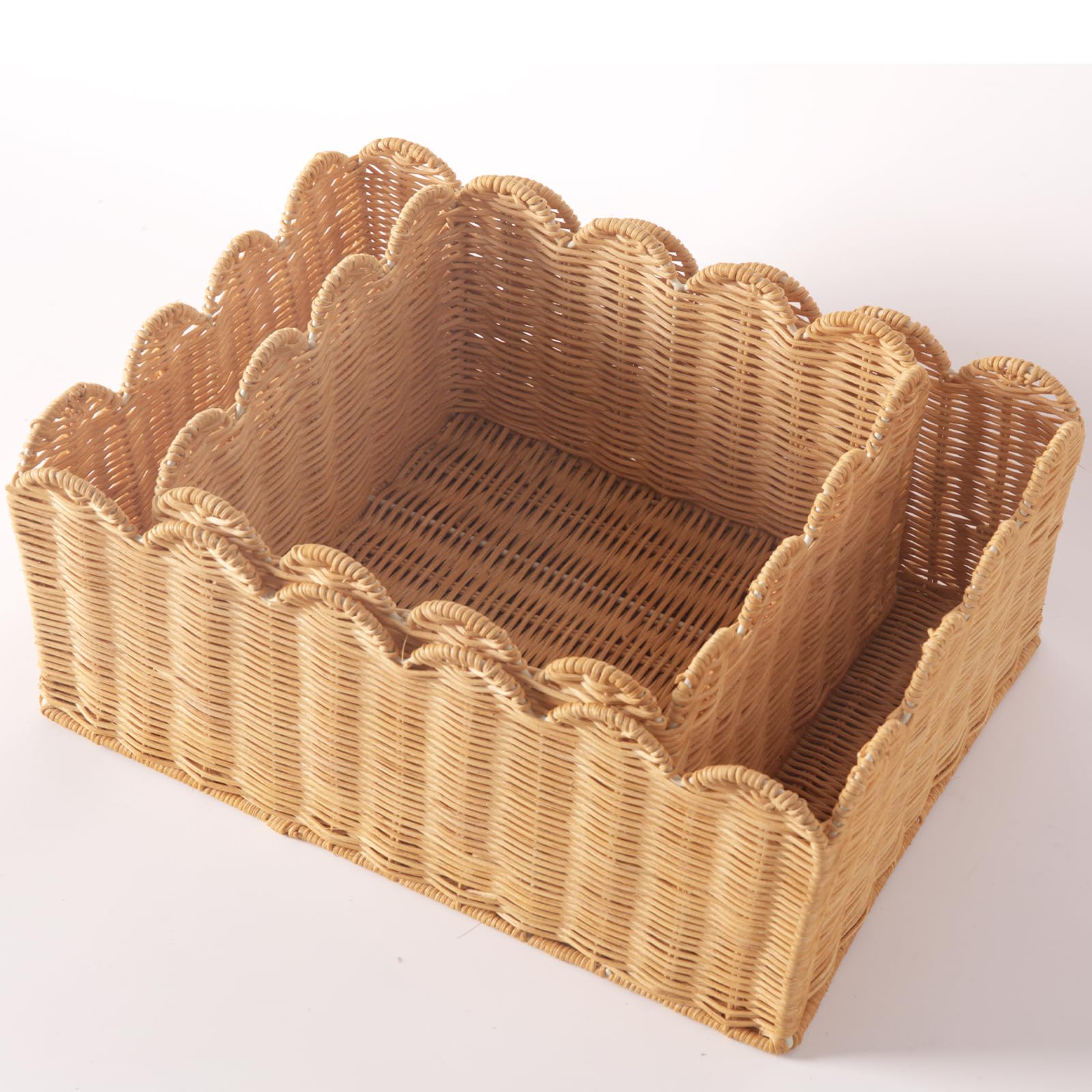 Scalloped Edge Basket, Wicker Storage Baskets, Hand Woven Baskets For Shelves,Natural Baskets For Organizing (S+M-Rattan)