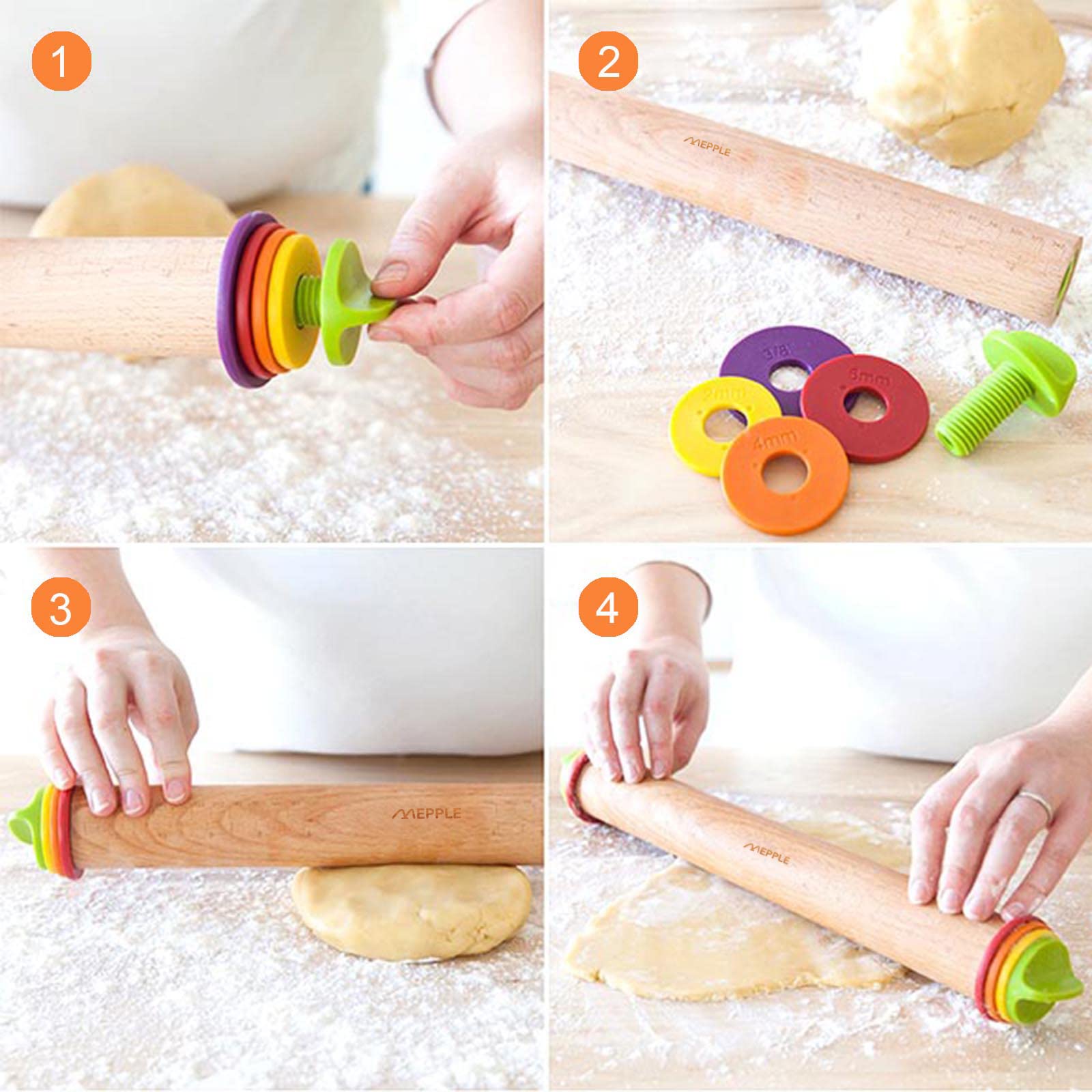 Mepple Rolling Pin With Thickness Rings For Fondant, Pizza, Pie Crust, Cookie, Pastry, Roller Rod For Dough Thickness, Rolling P