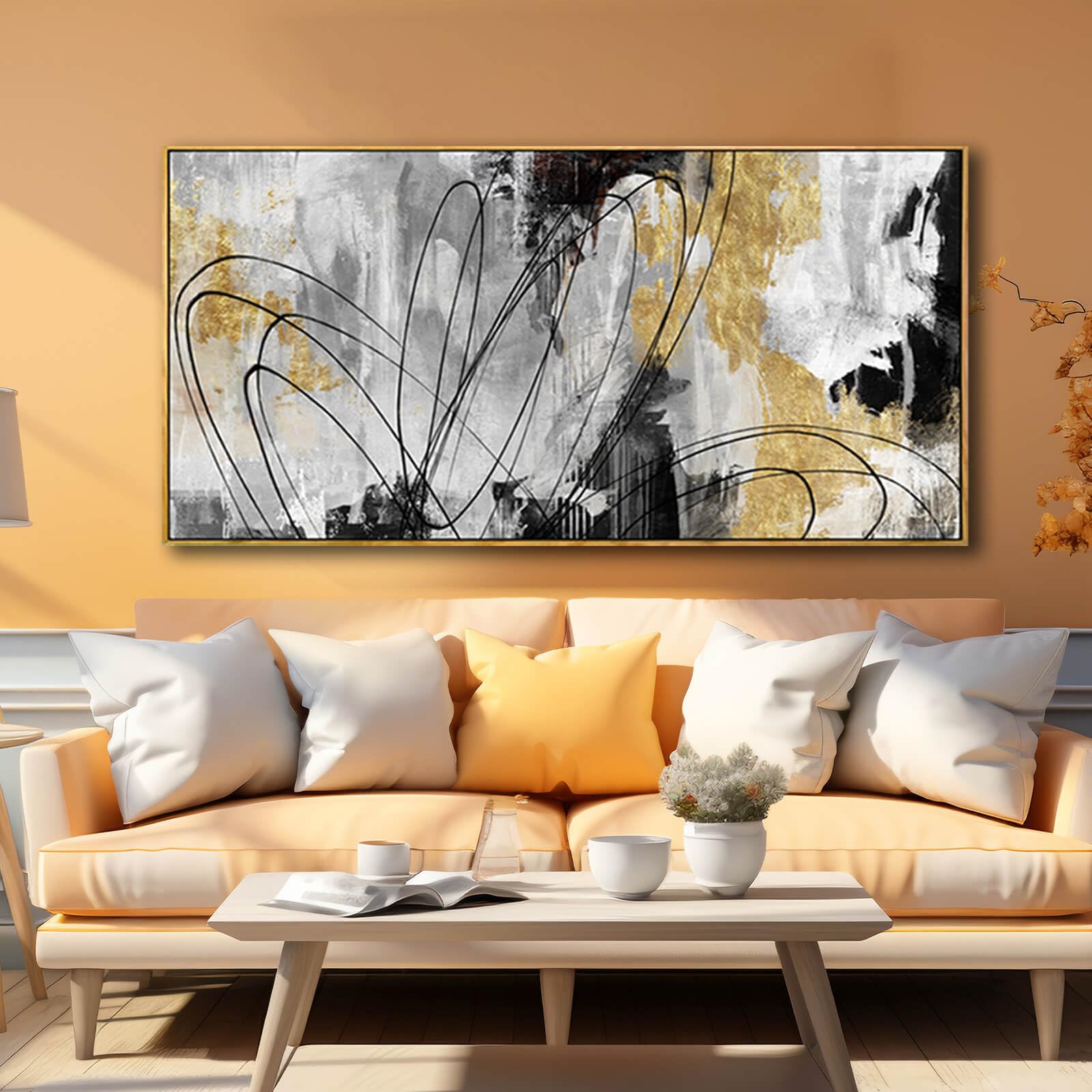 Yjyart Abstract Wall Art Office Decor Gold Wall Decor For Living Room Black And White Artwork Line Art Frame Room Decor For Bedr