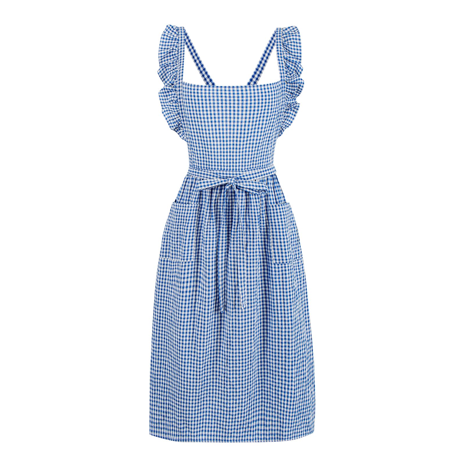 Seedbysea Vintage Classic Gingham Apron For Women With 2 Pockets Cross Back Cotton Blend For Cooking Baking Gardening (Lightblue