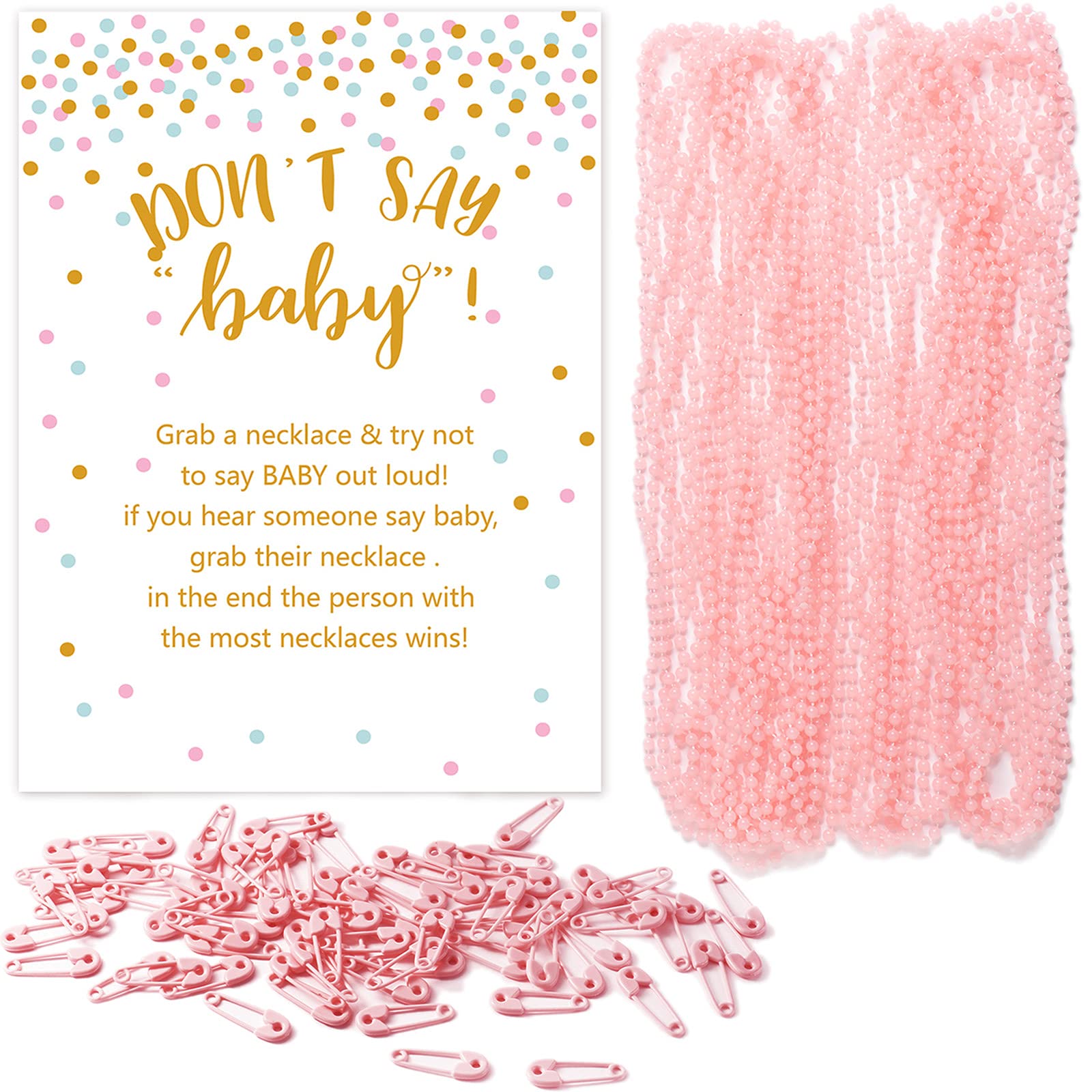 Zjjzgyxintai Baby Shower Games For Girl, Including 1 Dont Say Baby Sign And 24Pcs Pink Beaded Necklace 72Pcs Pink Mini Pin