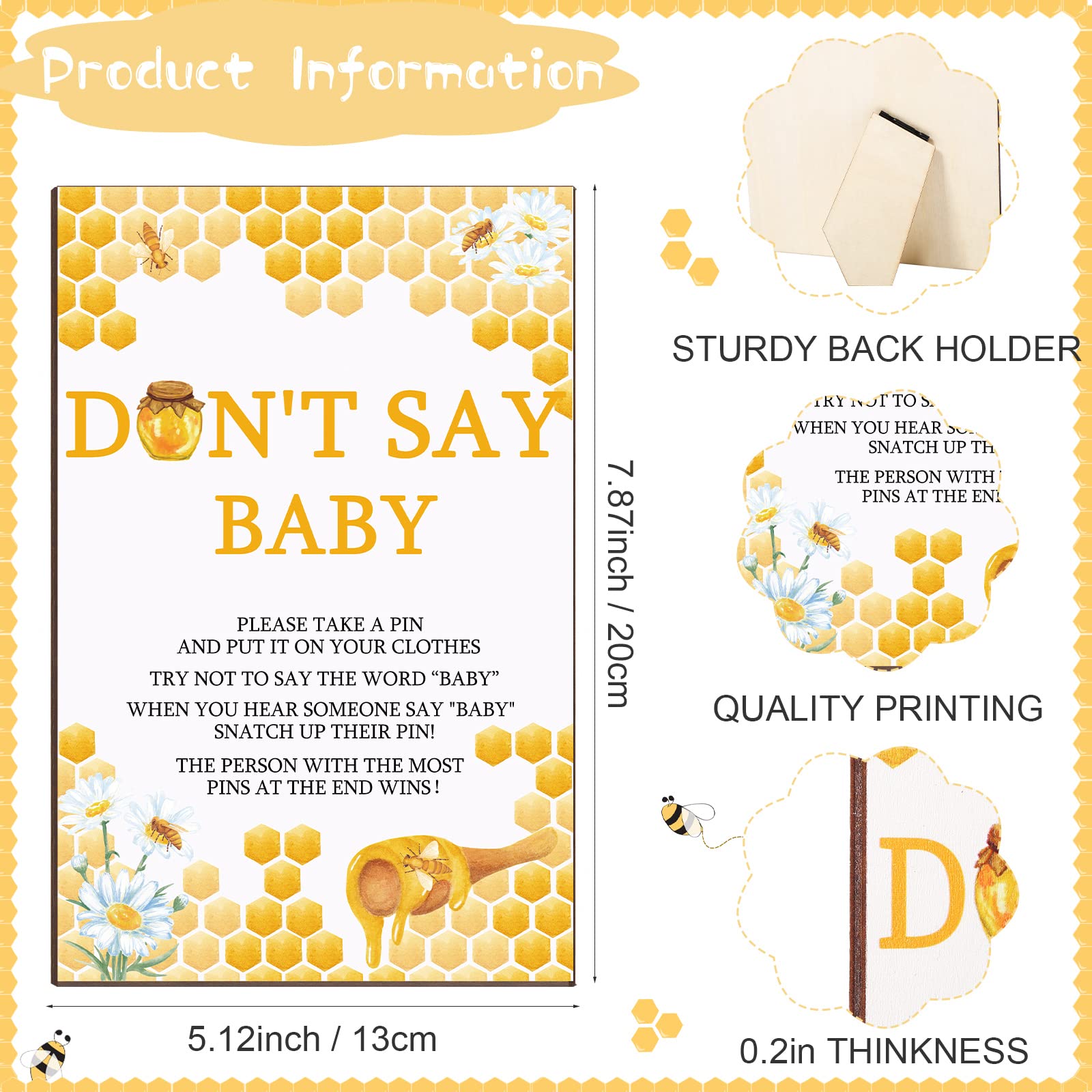 Unittype 51 Pcs Don'T Say Baby Shower Game Supplies Include Bee Theme Baby Shower Sign And 50 Mini Bee Clothespins For Boys Girl