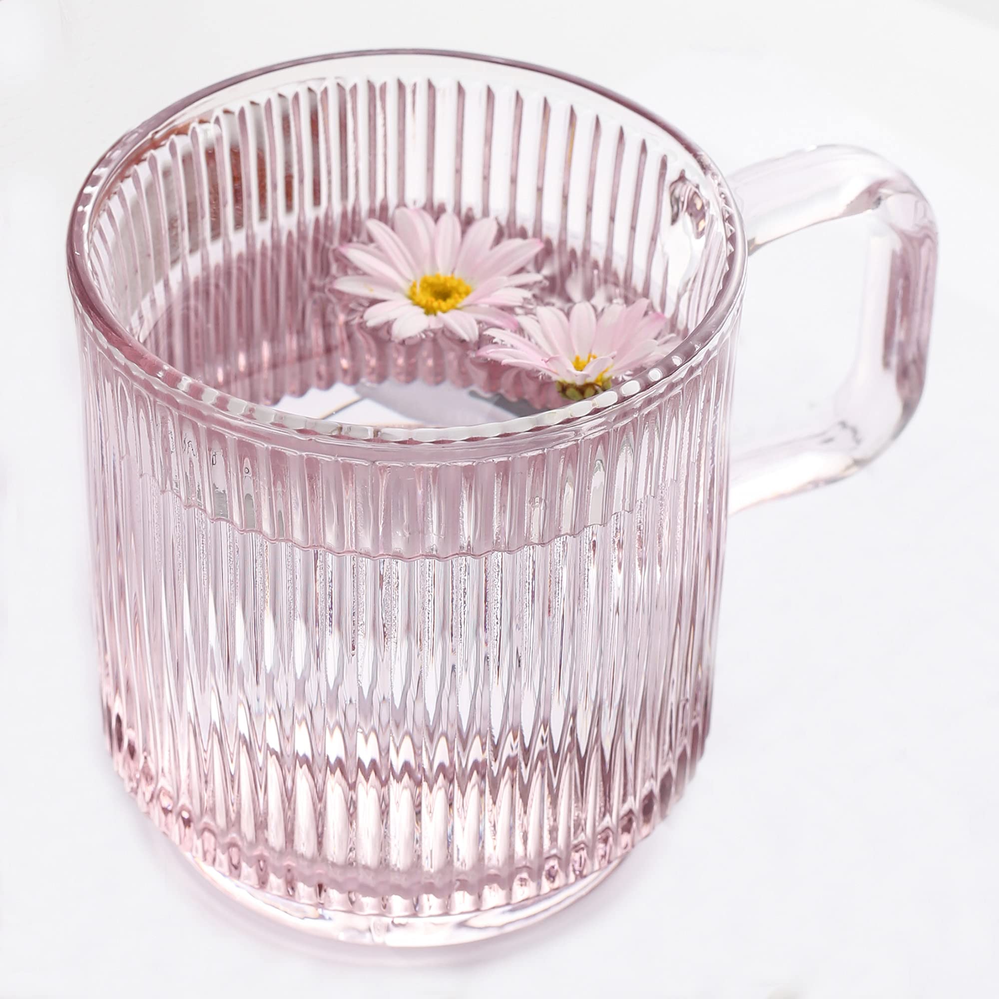 Lysenn Pink Glass Coffee Mug With Lid - Premium Classical Vertical Stripes Glass Tea Cup - For |Latte|Tea|Chocolate|Juice|Water|