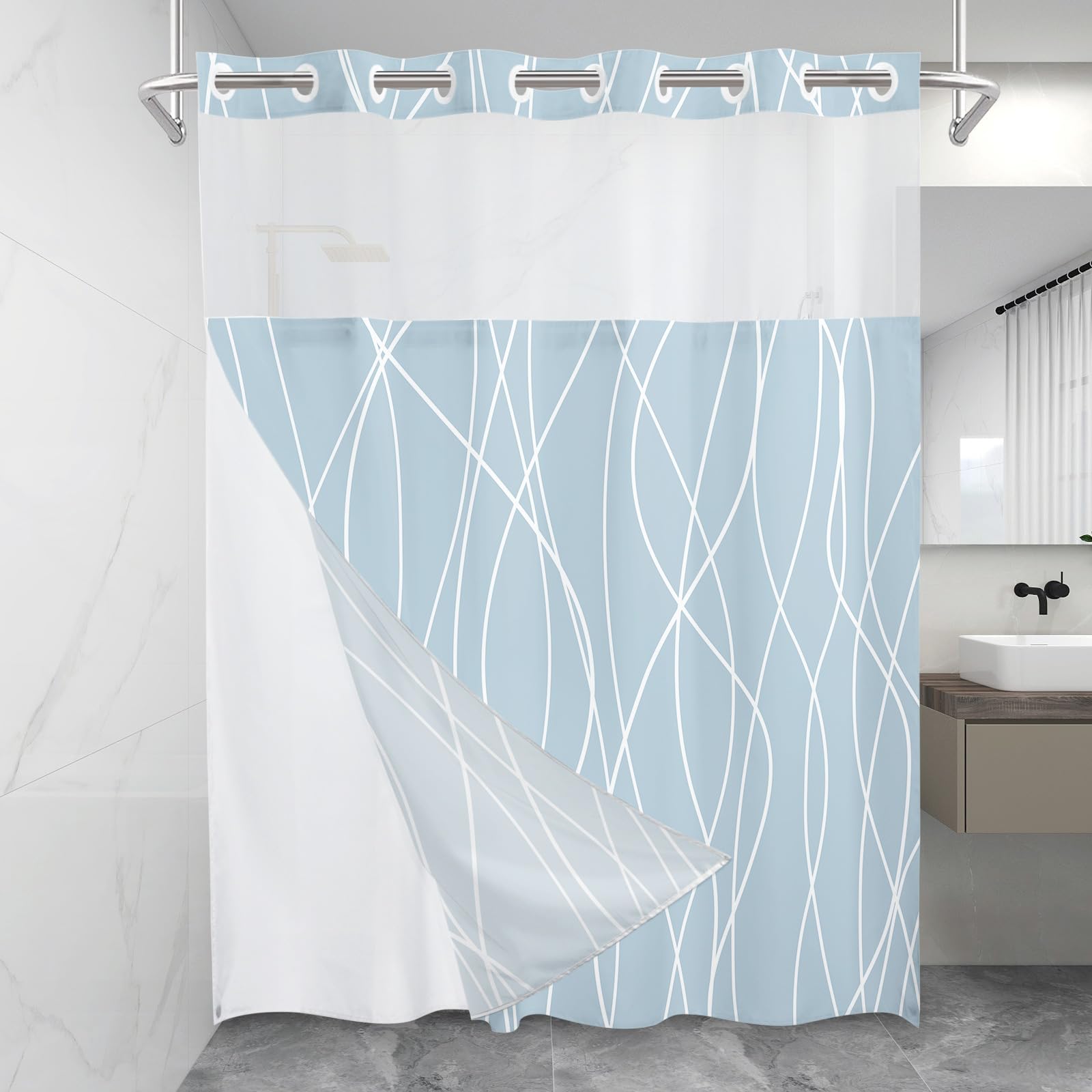 Lxbni No Hook Light Blue Striped Shower Curtain With Snap In Fabric Liner Set - Hotel Shower Curtain And Liner Set With See Thro